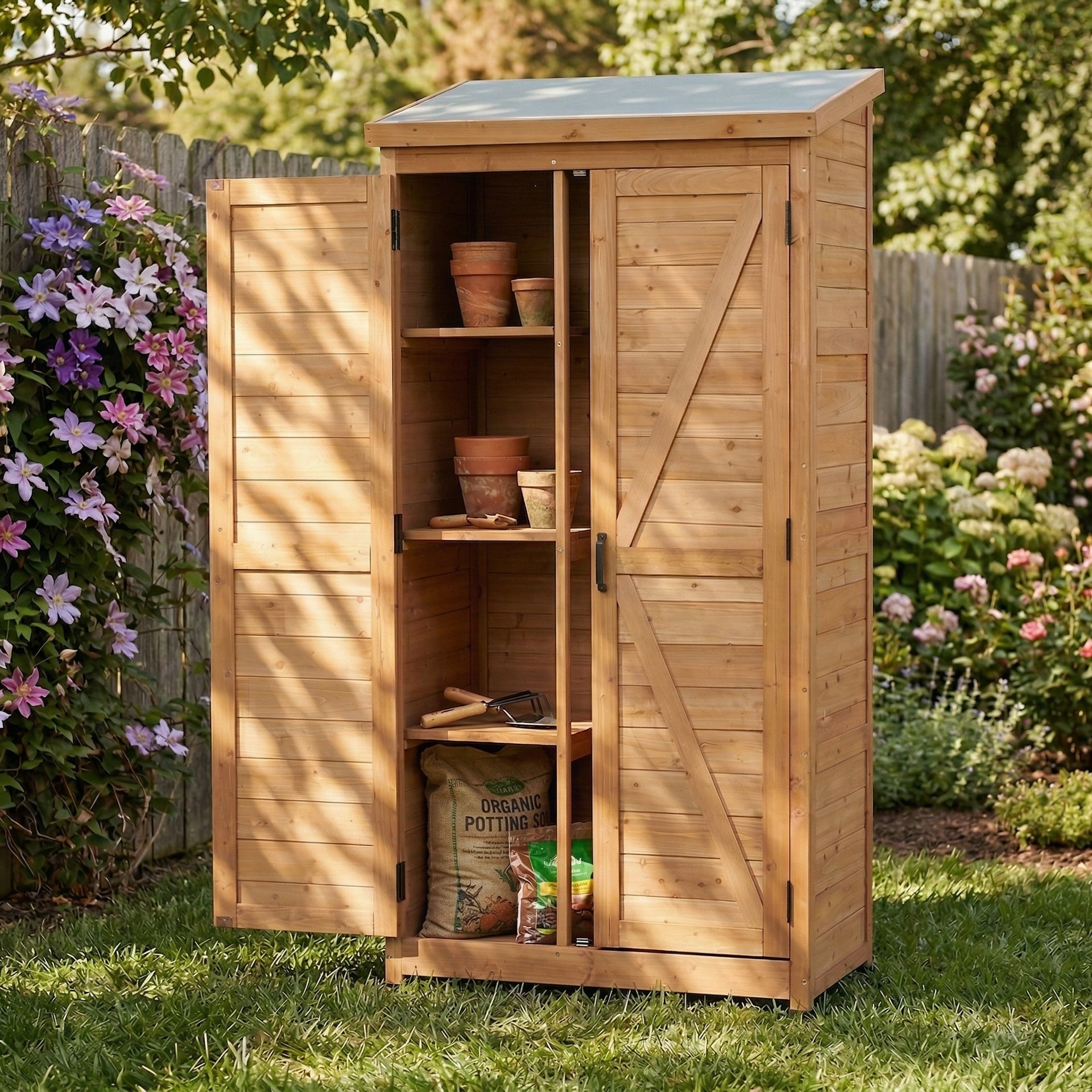 Outdoor Wooden Storage Shed with Metal Top Tall Vertical Tool Cabinet for Backyard Garden Patio Lawn