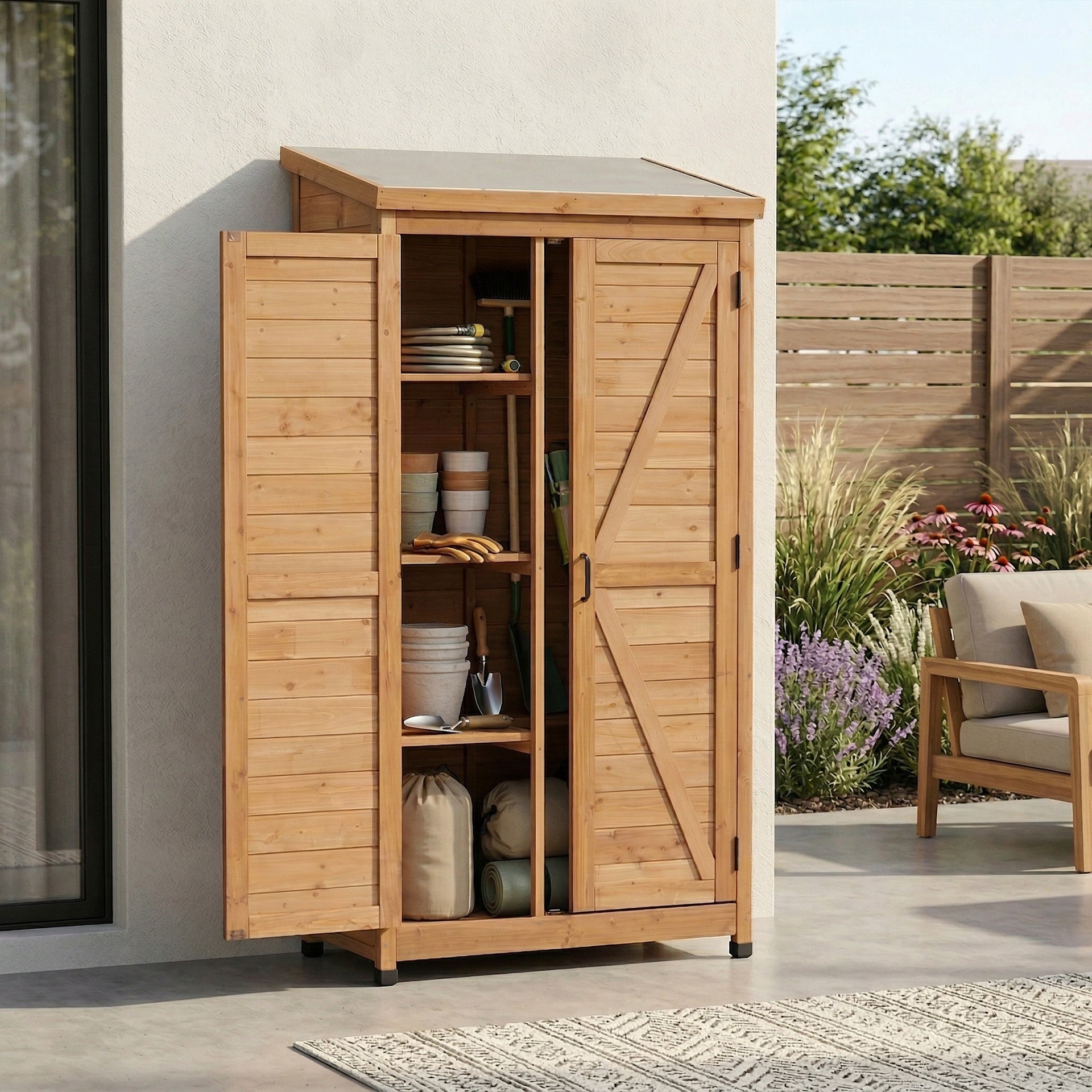 Outdoor Wooden Storage Shed with Metal Top Tall Vertical Tool Cabinet for Backyard Garden Patio Lawn