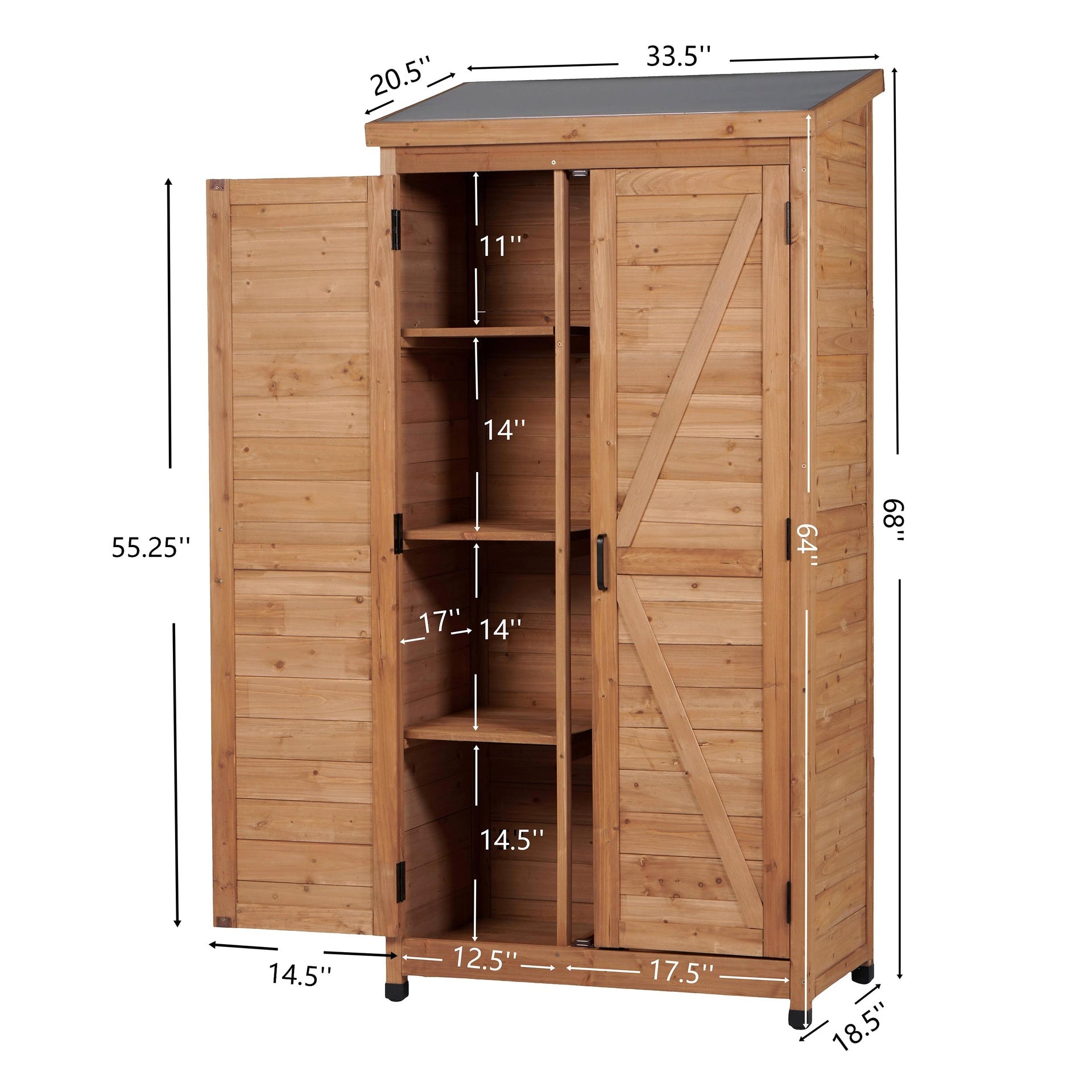 Outdoor Wooden Storage Shed with Metal Top Tall Vertical Tool Cabinet for Backyard Garden Patio Lawn
