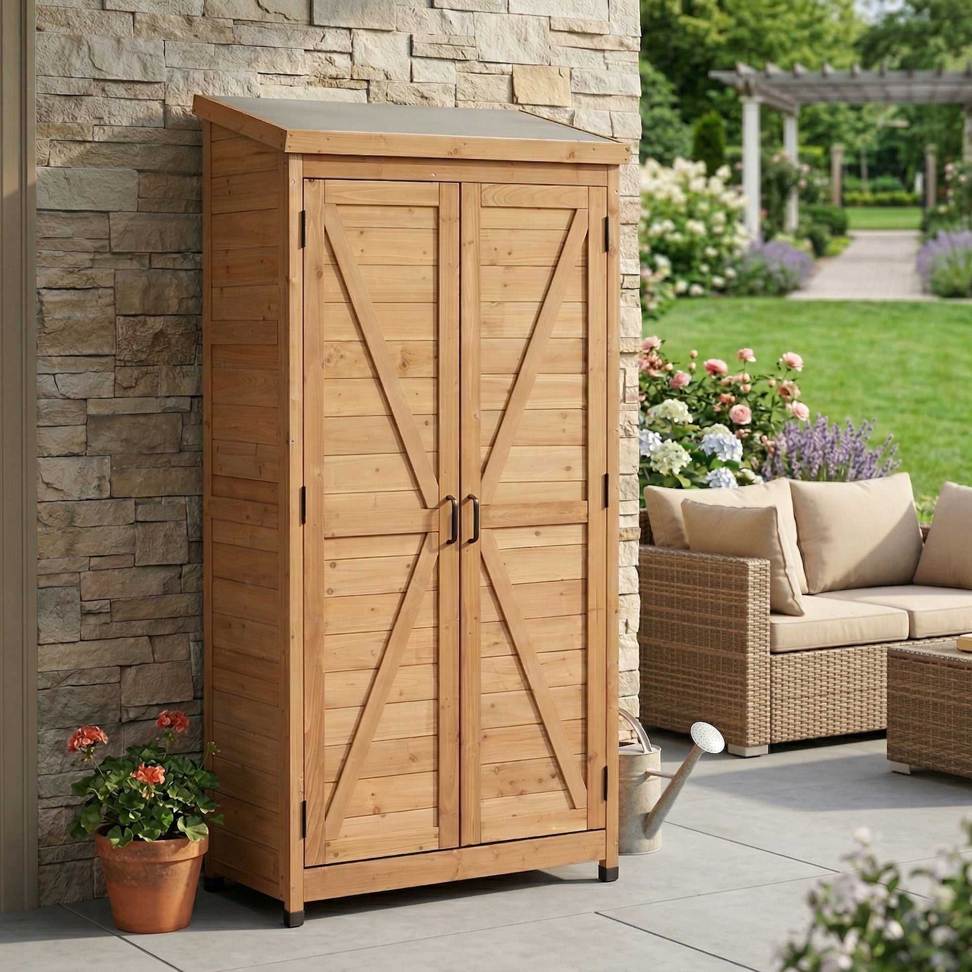 Outdoor Wooden Storage Shed with Metal Top Tall Vertical Tool Cabinet for Backyard Garden Patio Lawn