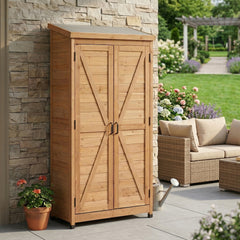 Outdoor Wooden Storage Shed with Metal Top Tall Vertical Tool Cabinet for Backyard Garden Patio Lawn