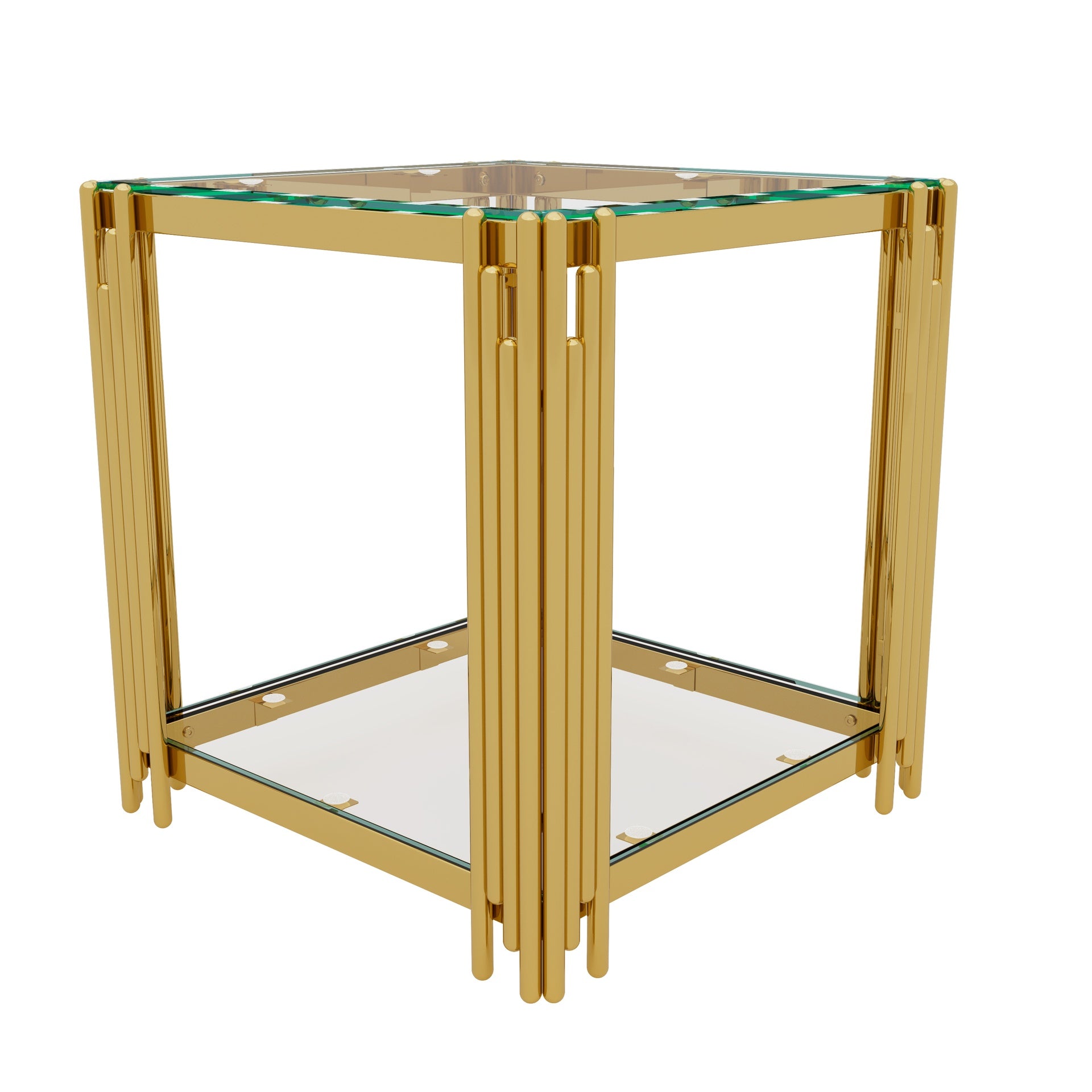 Modern Transparent Glass End Table for Living Room, Square,Asymmetrical Metal, Gold Finish & Lower Shelf, 19.9"