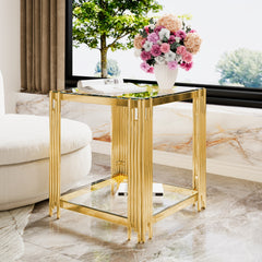 Modern Transparent Glass End Table for Living Room, Square,Asymmetrical Metal, Gold Finish & Lower Shelf, 19.9"