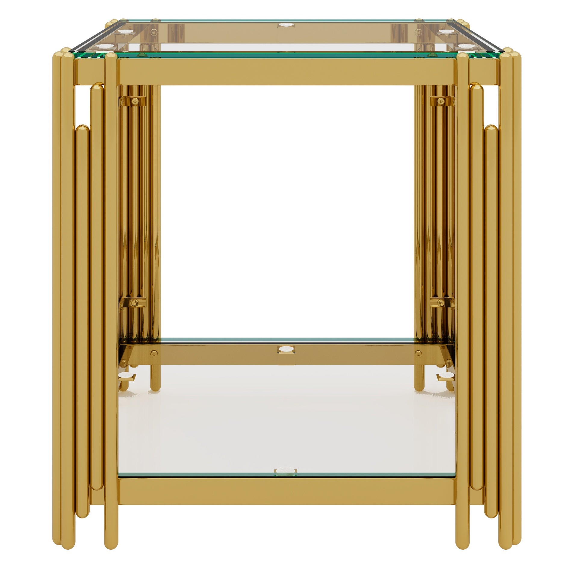 Modern Transparent Glass End Table for Living Room, Square,Asymmetrical Metal, Gold Finish & Lower Shelf, 19.9"