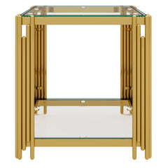 Modern Transparent Glass End Table for Living Room, Square,Asymmetrical Metal, Gold Finish & Lower Shelf, 19.9"