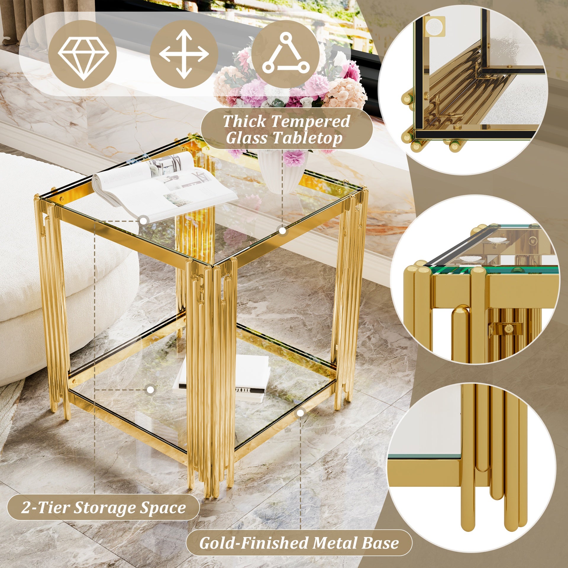 Modern Transparent Glass End Table for Living Room, Square,Asymmetrical Metal, Gold Finish & Lower Shelf, 19.9"