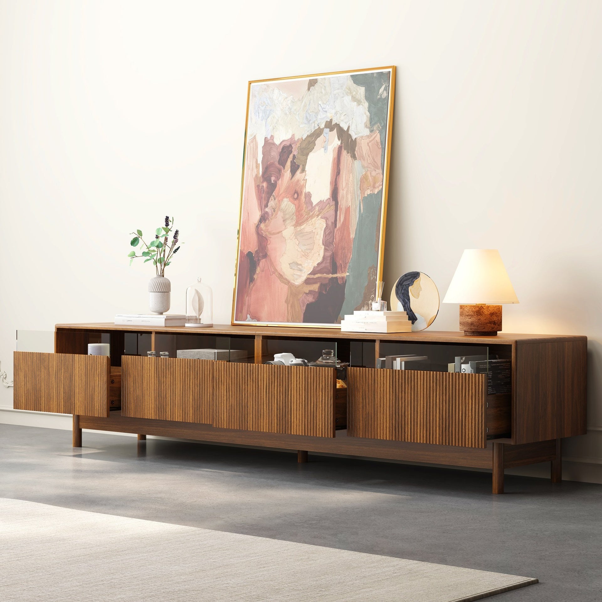 78inch TV Stand for Living Room - up to 85 Inch TVs, Modern Entertainment Center with Drawers, TV Console Table with Glass Drawers for Bedroom, Living Room