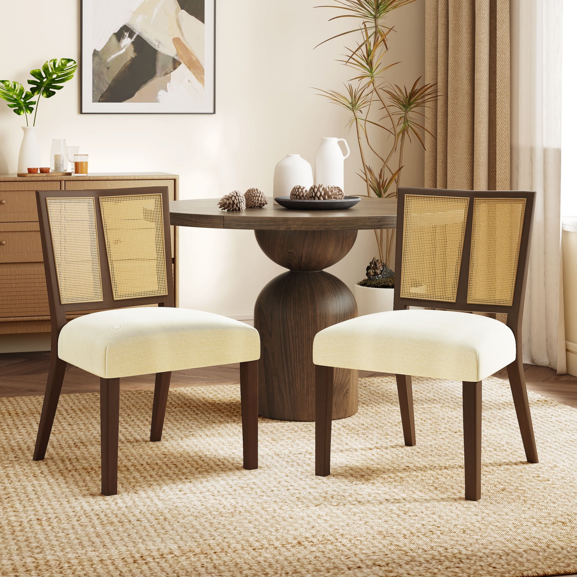 Rattan Dining Chair Without Arm(walnut+beige) Set of 2