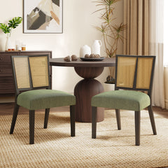 Rattan Dining Chair Without Arm(dark brown+green) Set of 2