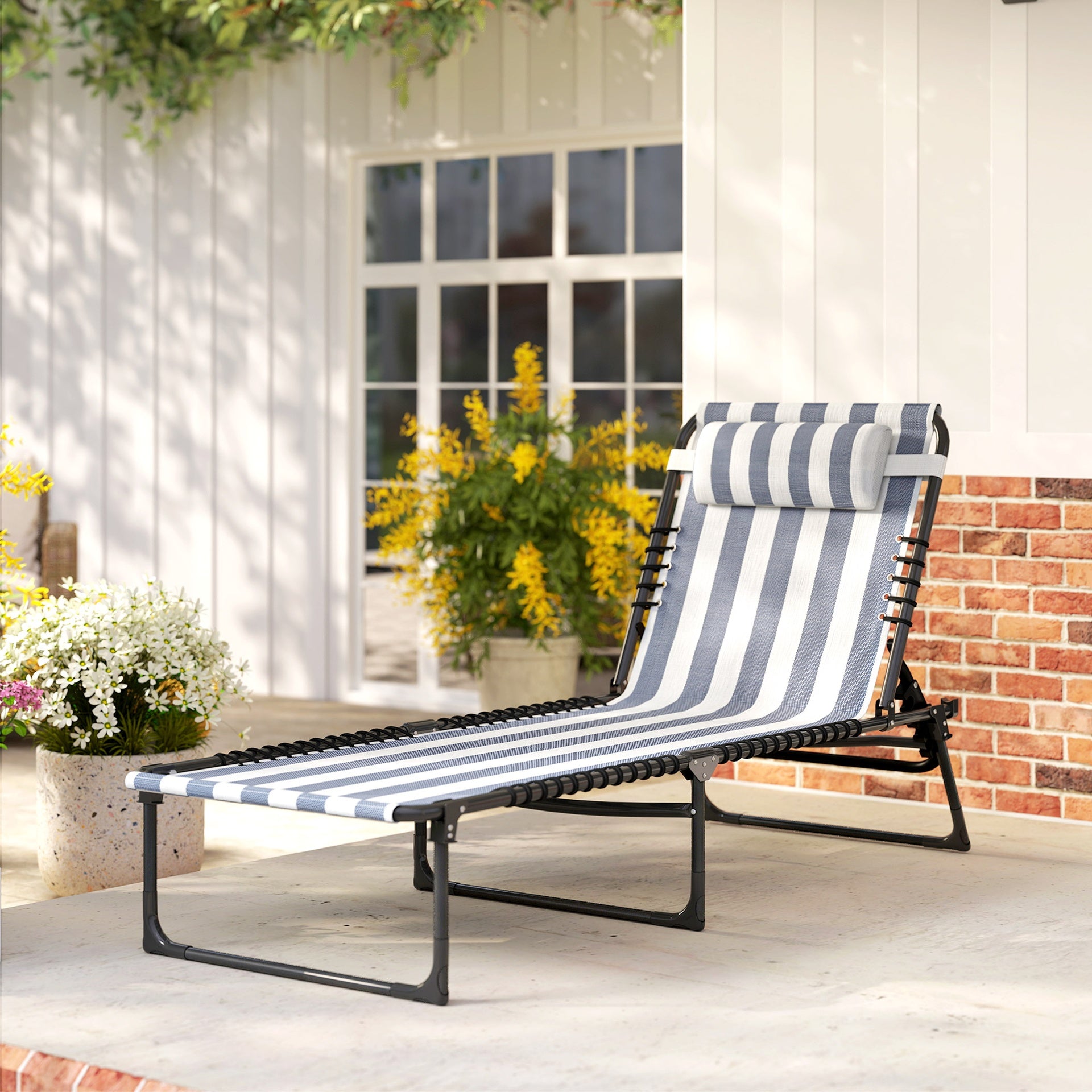 Outsunny Folding Chaise Lounge Pool Chair with 4-Position Reclining Back, Pillow, Breathable Mesh & Bungee Seat, Blue & White