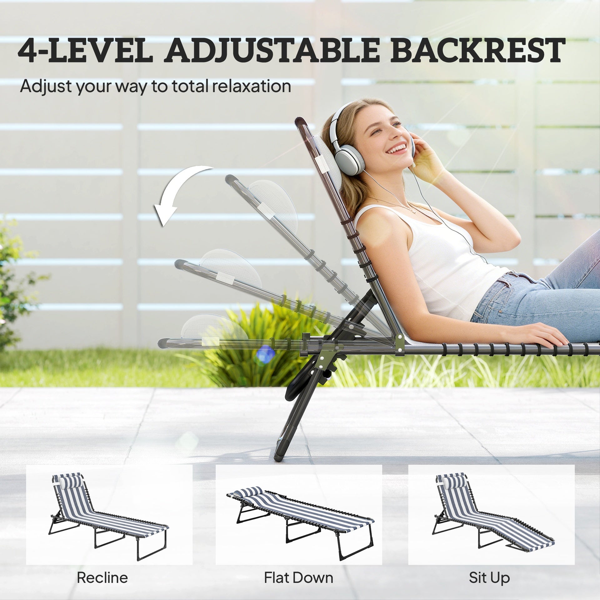 Outsunny Folding Chaise Lounge Pool Chair with 4-Position Reclining Back, Pillow, Breathable Mesh & Bungee Seat, Blue & White