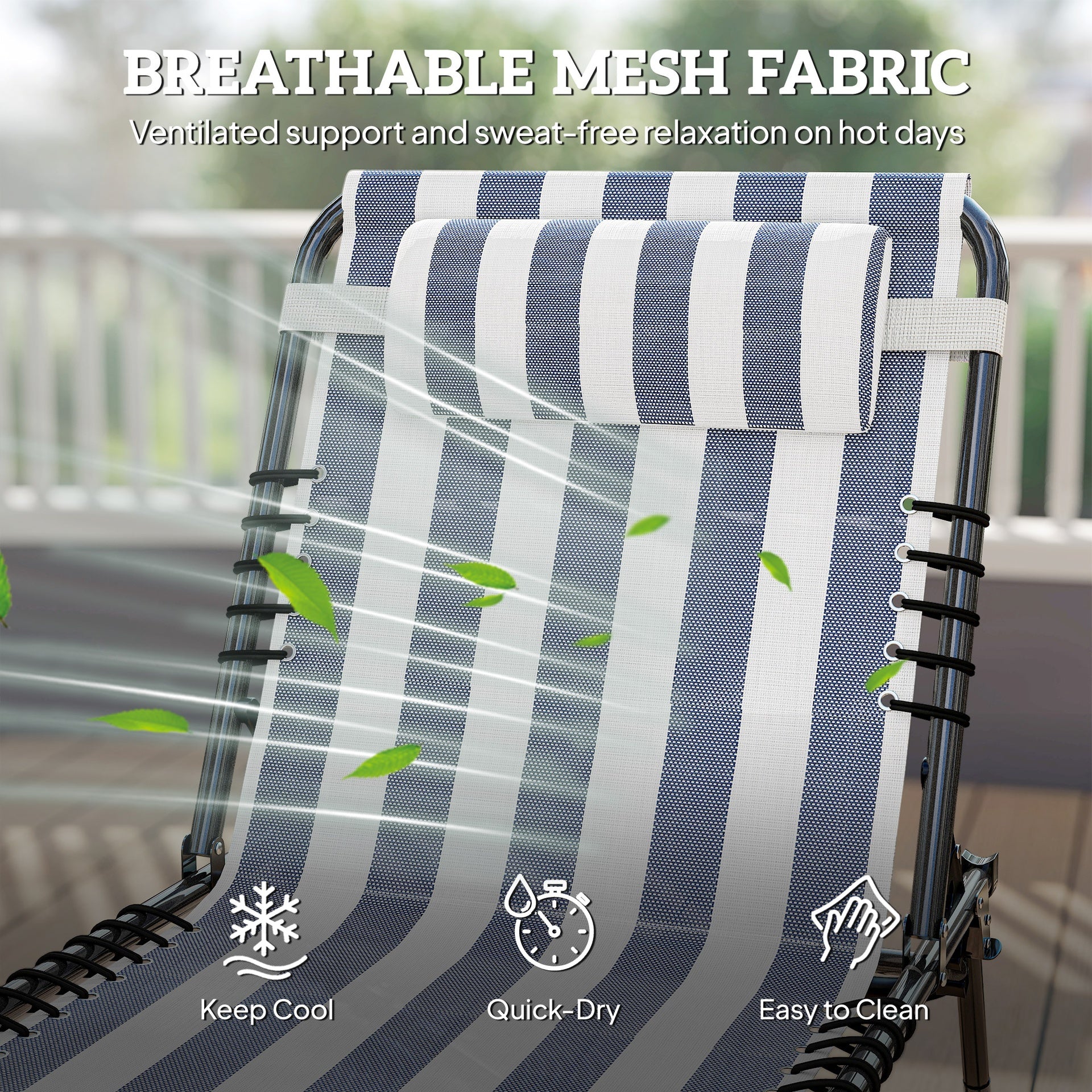 Outsunny Folding Chaise Lounge Pool Chair with 4-Position Reclining Back, Pillow, Breathable Mesh & Bungee Seat, Blue & White