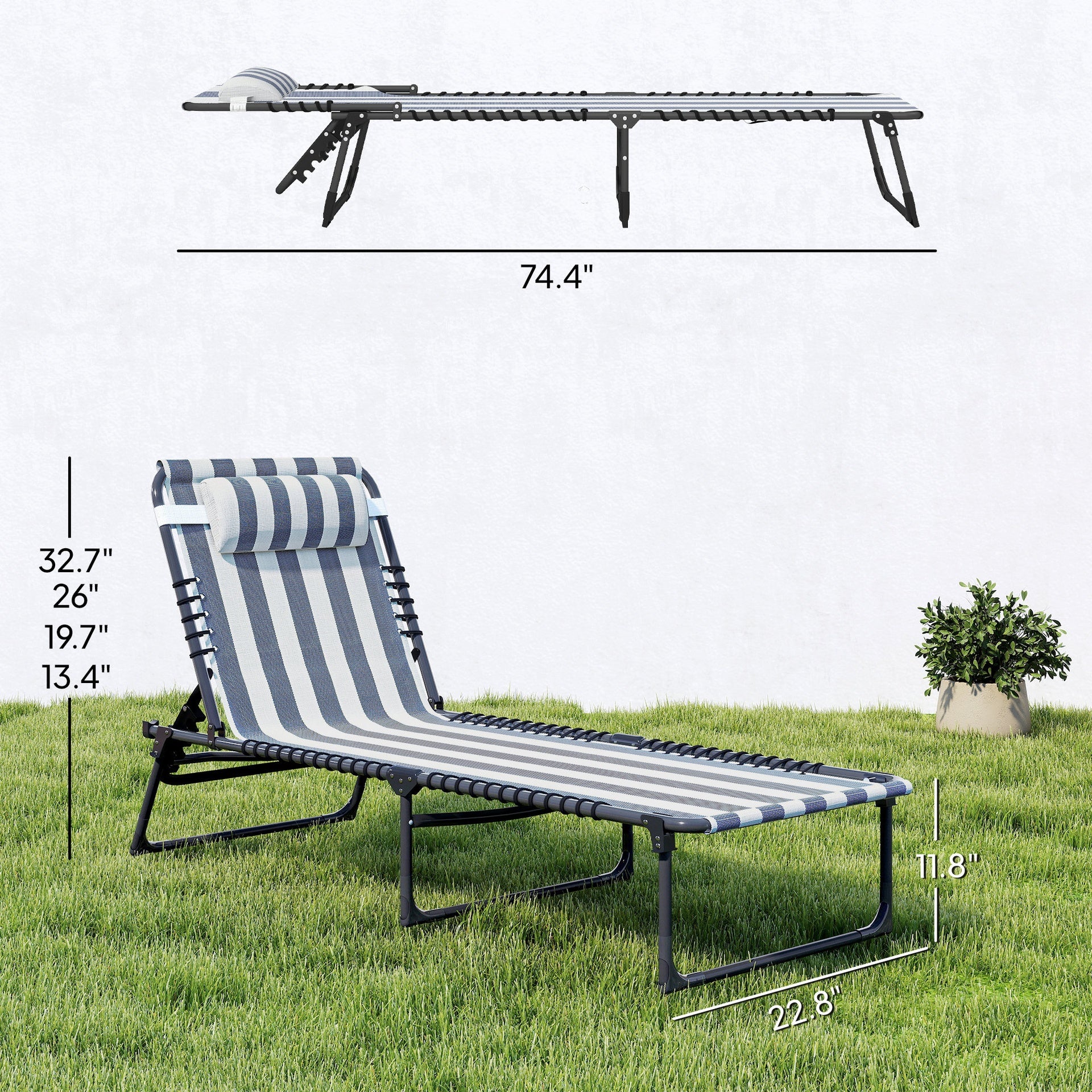 Outsunny Folding Chaise Lounge Pool Chair with 4-Position Reclining Back, Pillow, Breathable Mesh & Bungee Seat, Blue & White