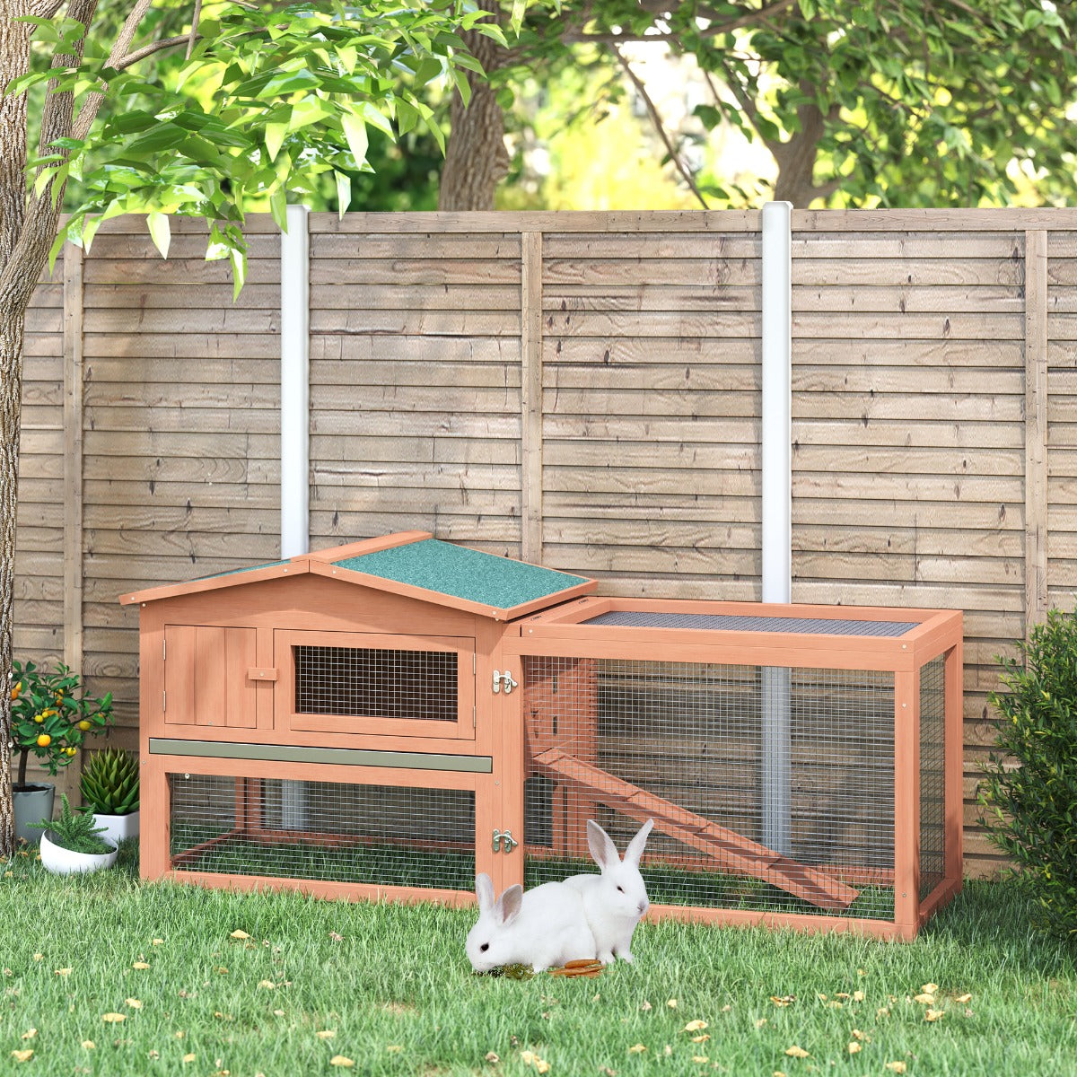 PawHut Rabbit Cage Outdoor, 62" Wooden Outdoor Rabbit Hutch, Small Animal Habitat with Detachable Run and Elevated Main House, Natural