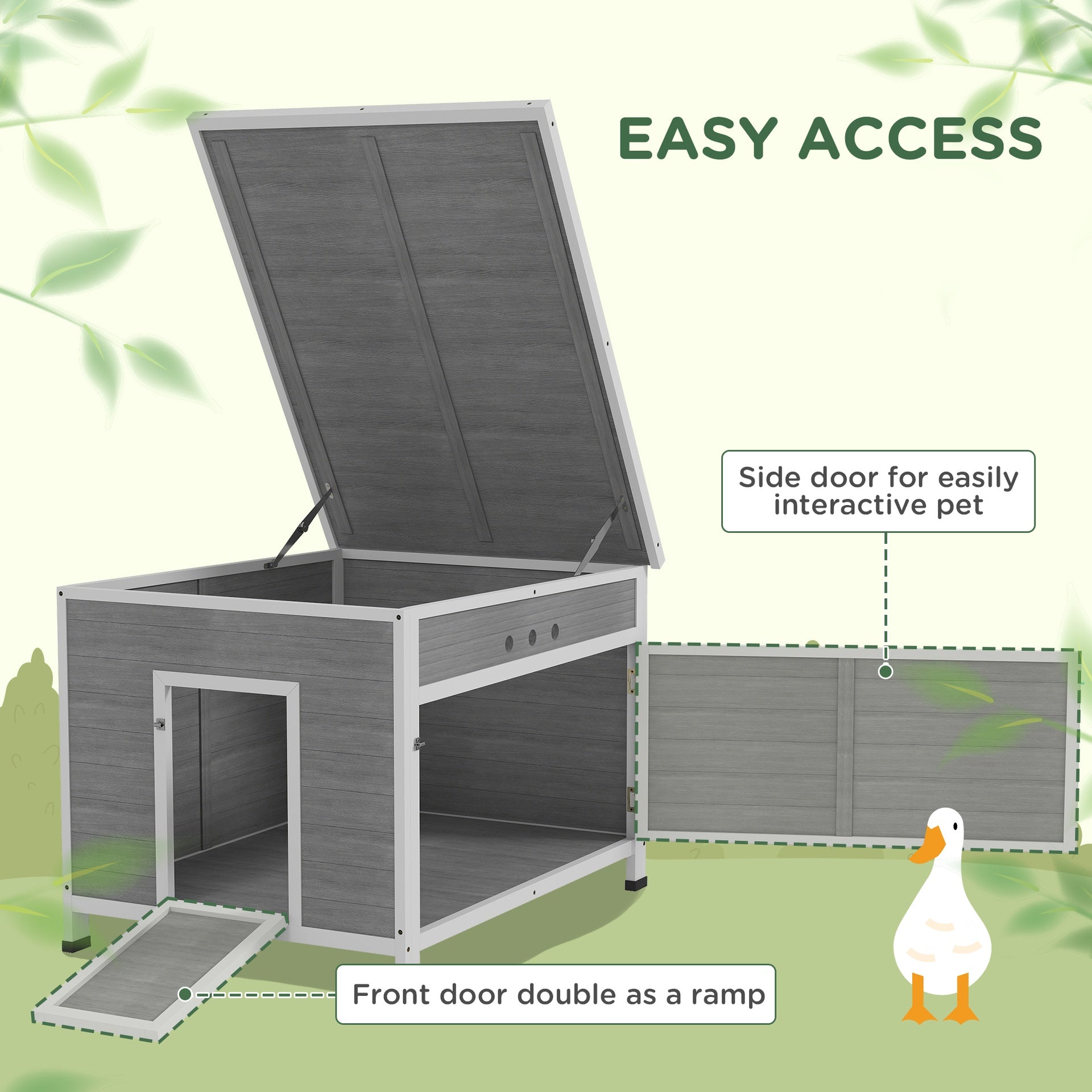PawHut Wooden Duck Coop with Openable Roof, Removable Floor, Double Doors, Ramp, for 3-6 Ducks, Chickens, 30" x 38" x 30"
