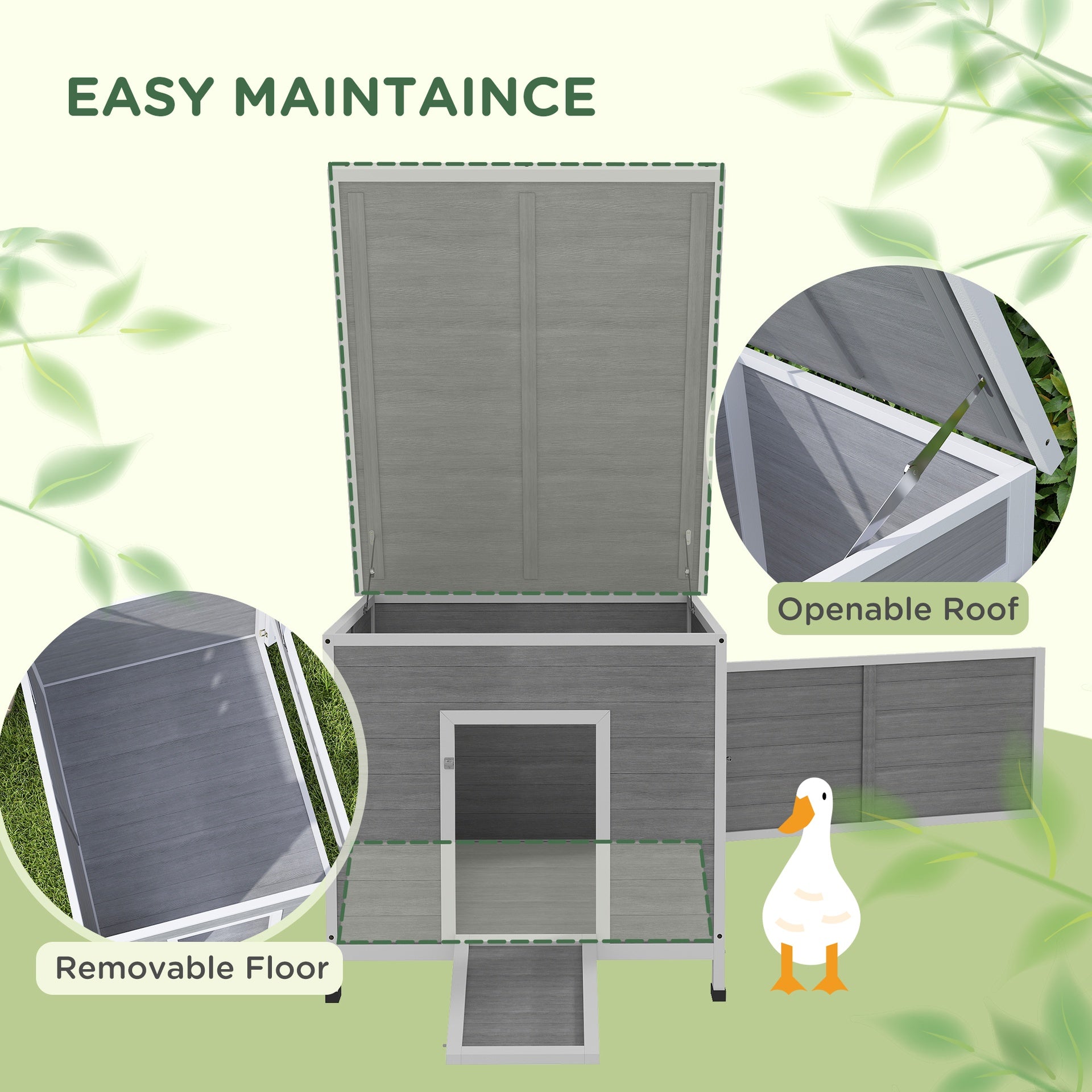 PawHut Wooden Duck Coop with Openable Roof, Removable Floor, Double Doors, Ramp, for 3-6 Ducks, Chickens, 30" x 38" x 30"