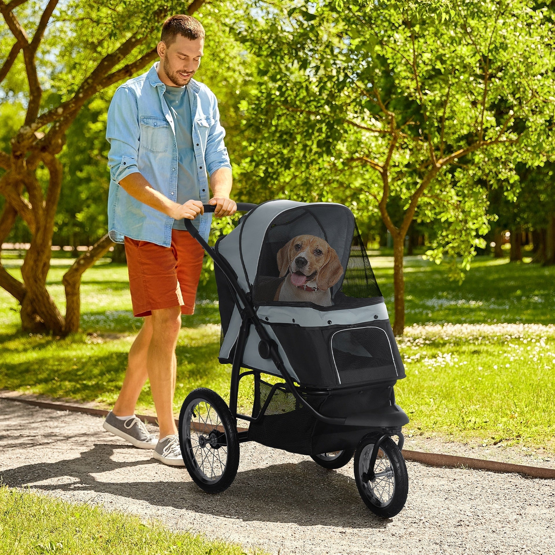 PawHut 3 Wheels Pet Stroller for Small Dogs and Medium Dogs with Adjustable Canopy, Safety Tether, Storage Basket, Gray