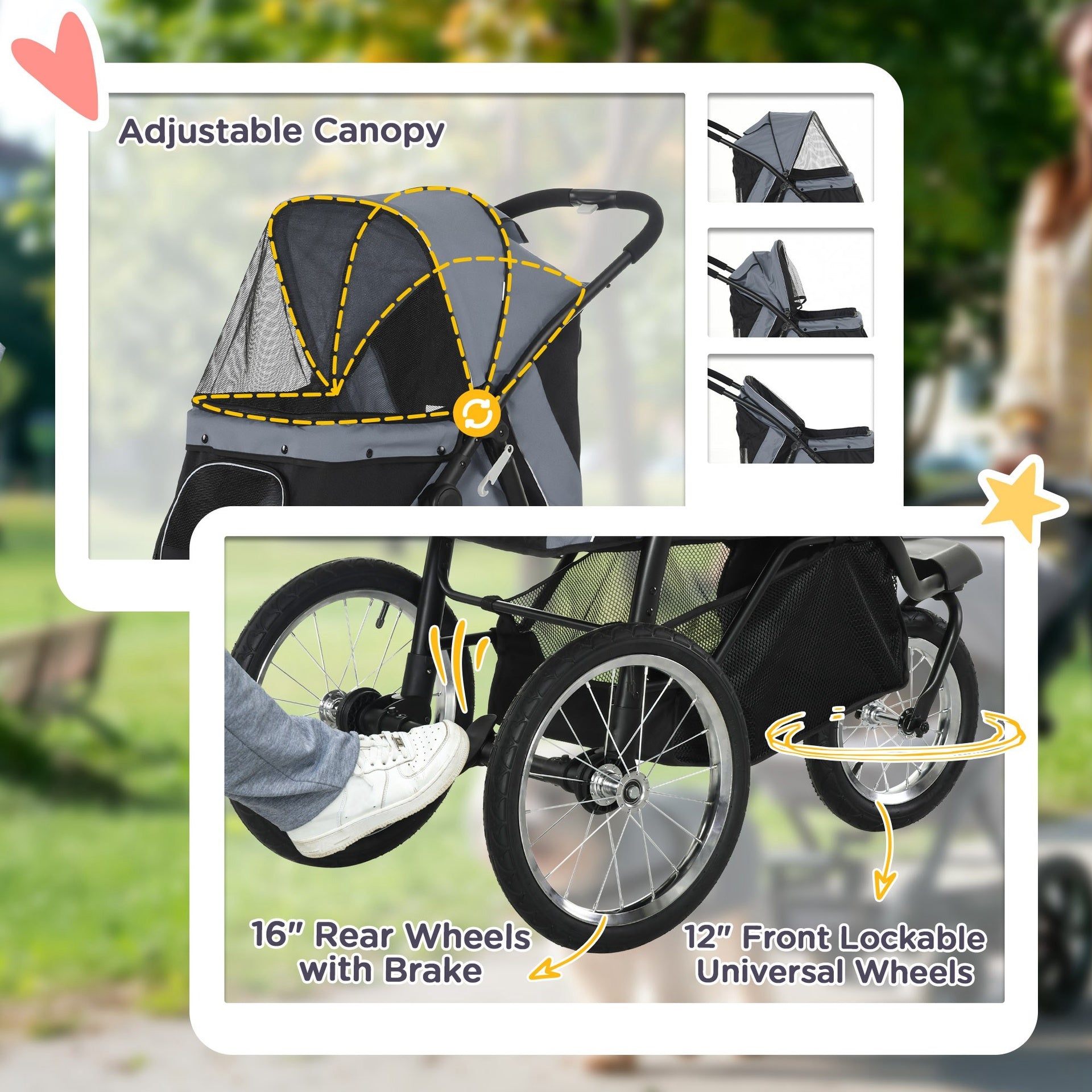 PawHut 3 Wheels Pet Stroller for Small Dogs and Medium Dogs with Adjustable Canopy, Safety Tether, Storage Basket, Gray