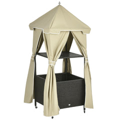 Outsunny Outdoor Towel Valet Caddy,Covered Poolside Towel Holder Rack,Shelf,Rolling PE Rattan Wicker Storage on Wheels,Beige