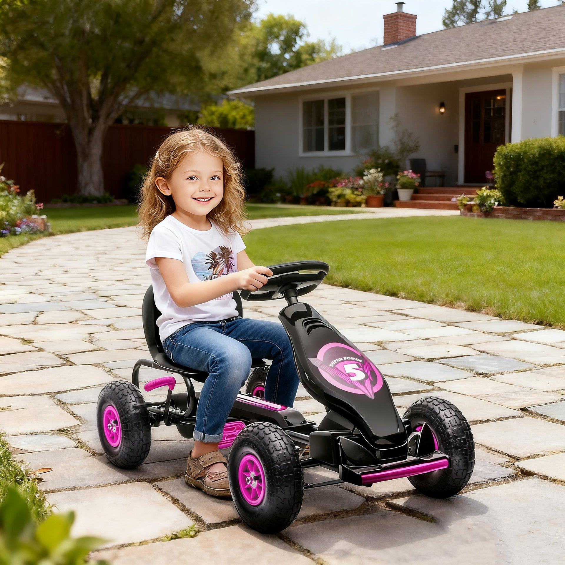 Aosom Ergonomic Pedal Go Kart Kids Ride-on Toy with Tough, Wear-Resistant Tread for Boys & Girls, Ages 5-12, Pink