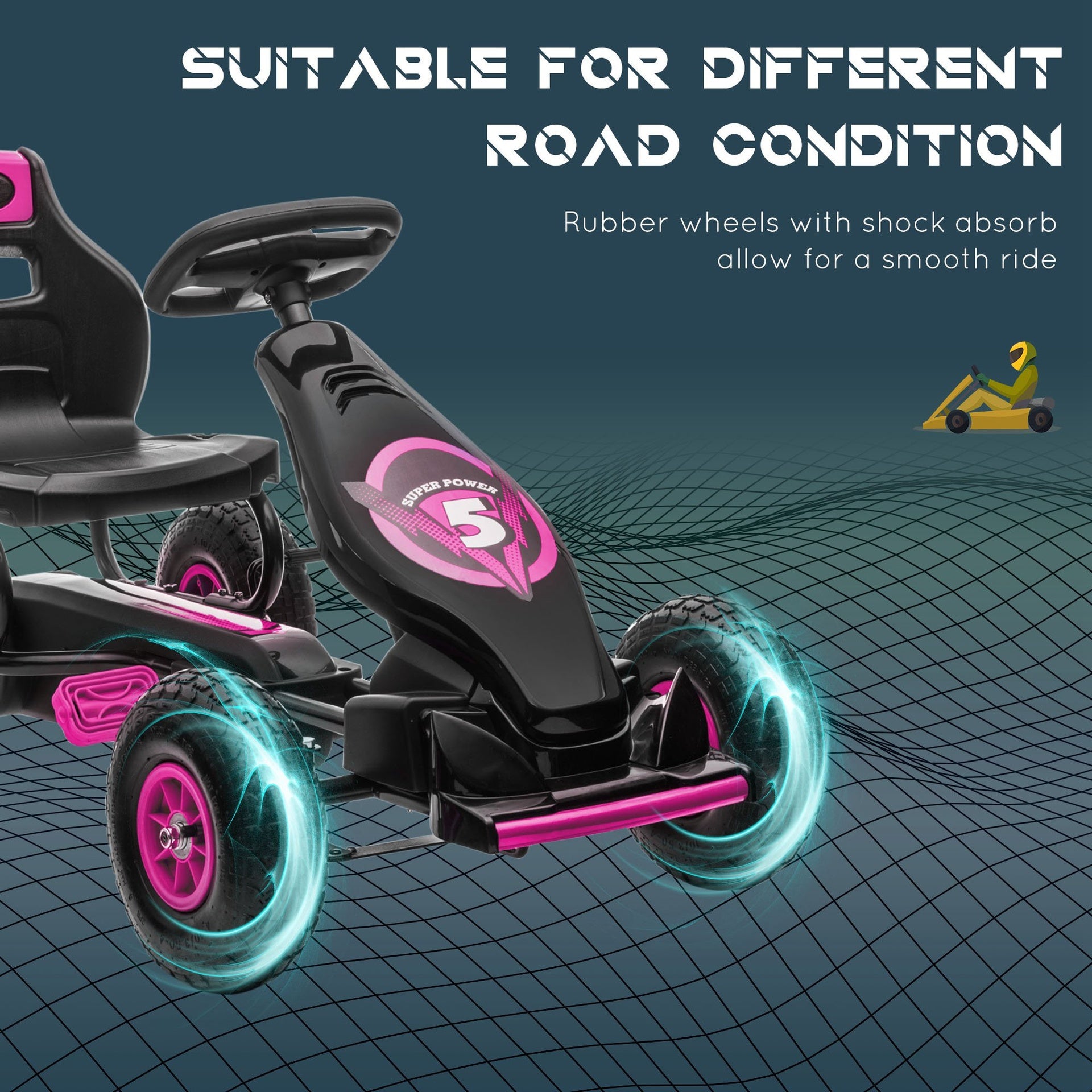 Aosom Ergonomic Pedal Go Kart Kids Ride-on Toy with Tough, Wear-Resistant Tread for Boys & Girls, Ages 5-12, Pink