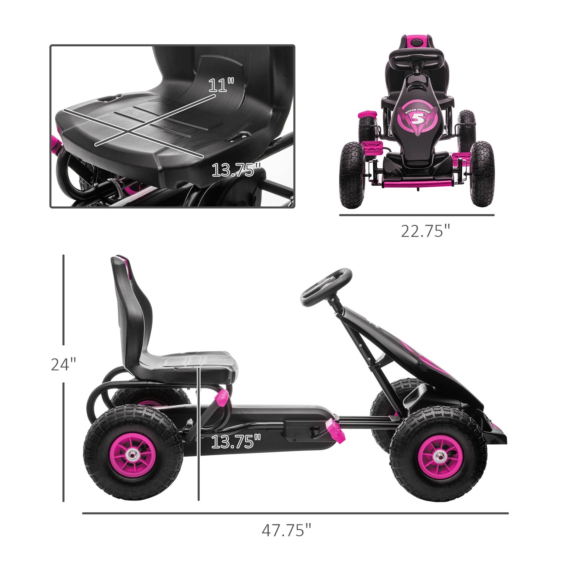 Aosom Ergonomic Pedal Go Kart Kids Ride-on Toy with Tough, Wear-Resistant Tread for Boys & Girls, Ages 5-12, Pink
