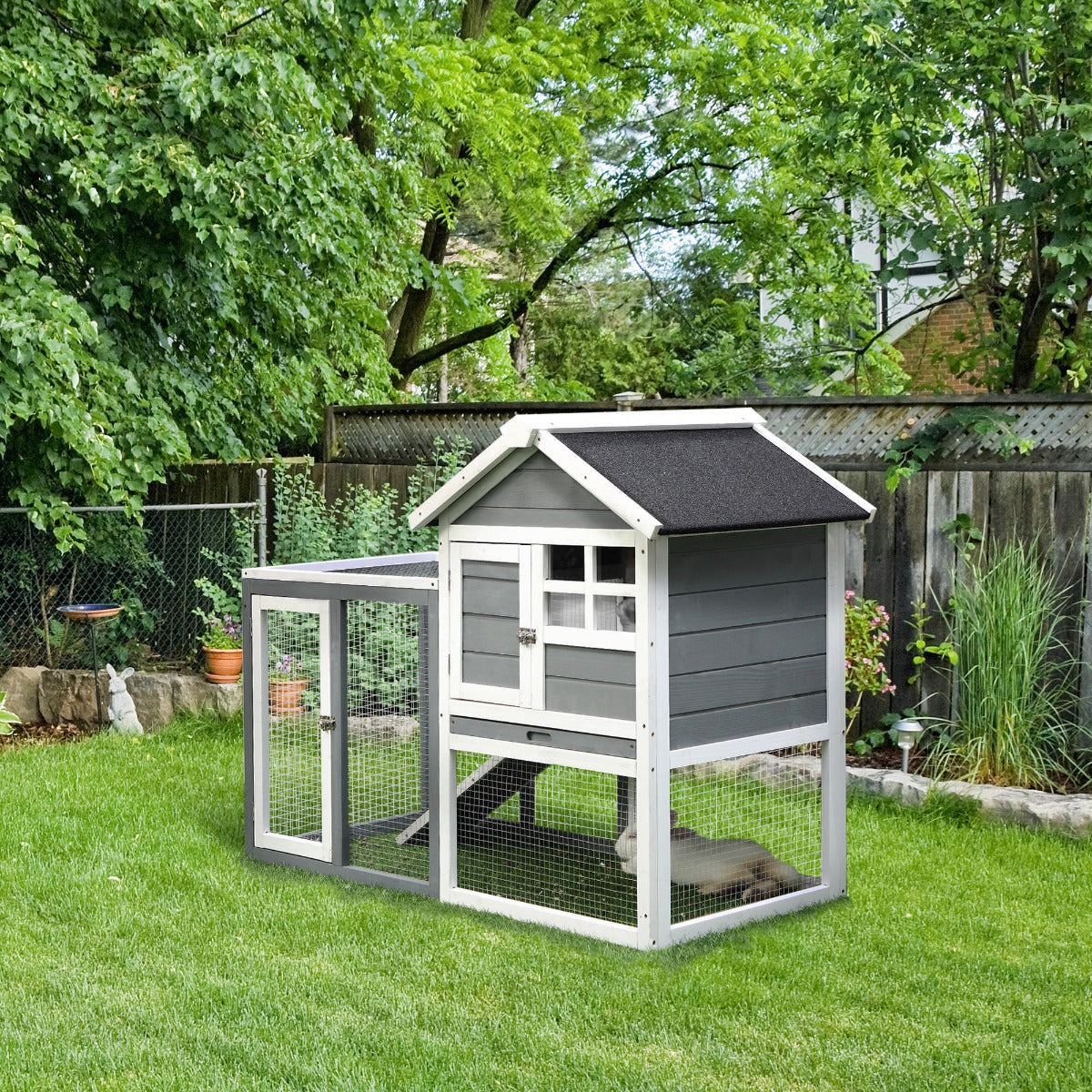 PawHut Indoor Rabbit Enclosure, 48" Weatherproof Wooden Rabbit Hutch, with Slanted Asphalt Roof & Fun Outdoor Run for Bunnies & Ferrets - Gray