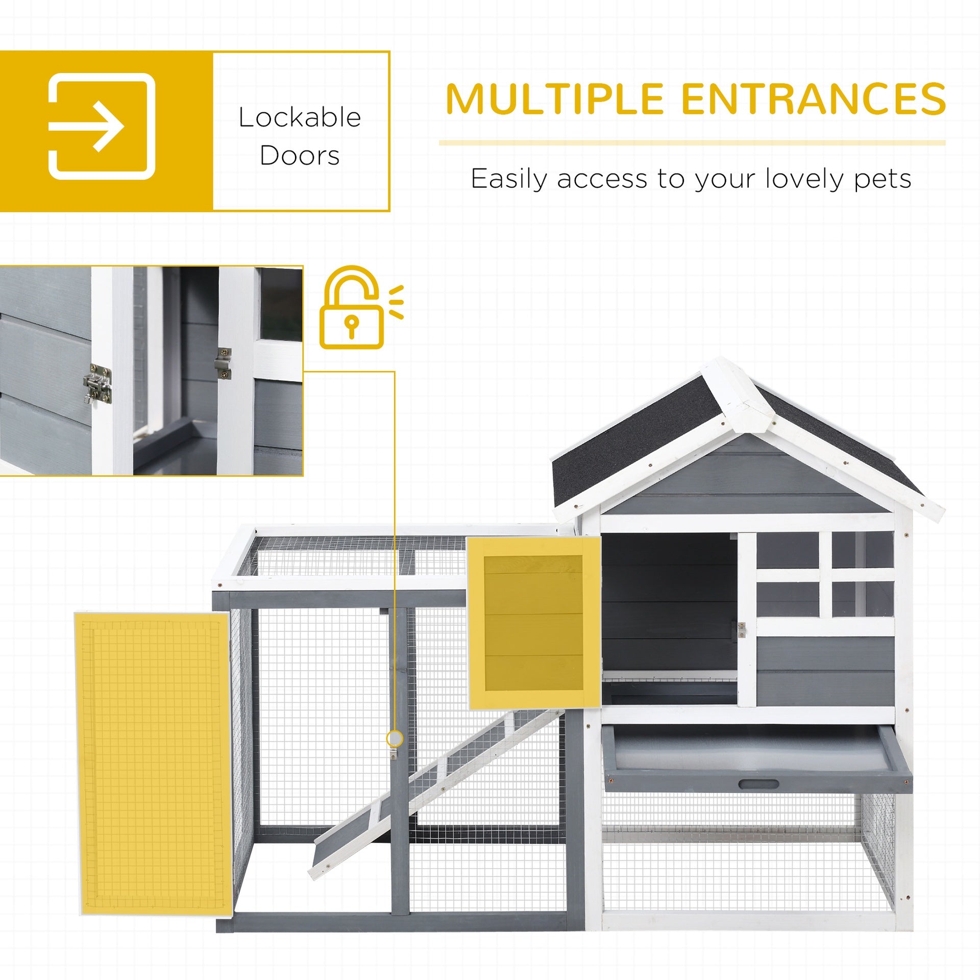 PawHut Indoor Rabbit Enclosure, 48" Weatherproof Wooden Rabbit Hutch, with Slanted Asphalt Roof & Fun Outdoor Run for Bunnies & Ferrets - Gray