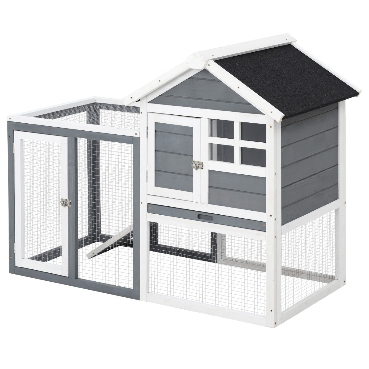 PawHut Indoor Rabbit Enclosure, 48" Weatherproof Wooden Rabbit Hutch, with Slanted Asphalt Roof & Fun Outdoor Run for Bunnies & Ferrets - Gray