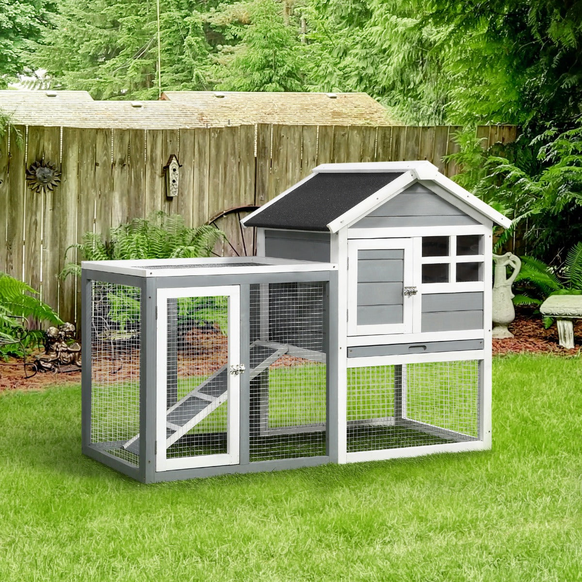 PawHut Indoor Rabbit Enclosure, 48" Weatherproof Wooden Rabbit Hutch, with Slanted Asphalt Roof & Fun Outdoor Run for Bunnies & Ferrets - Gray