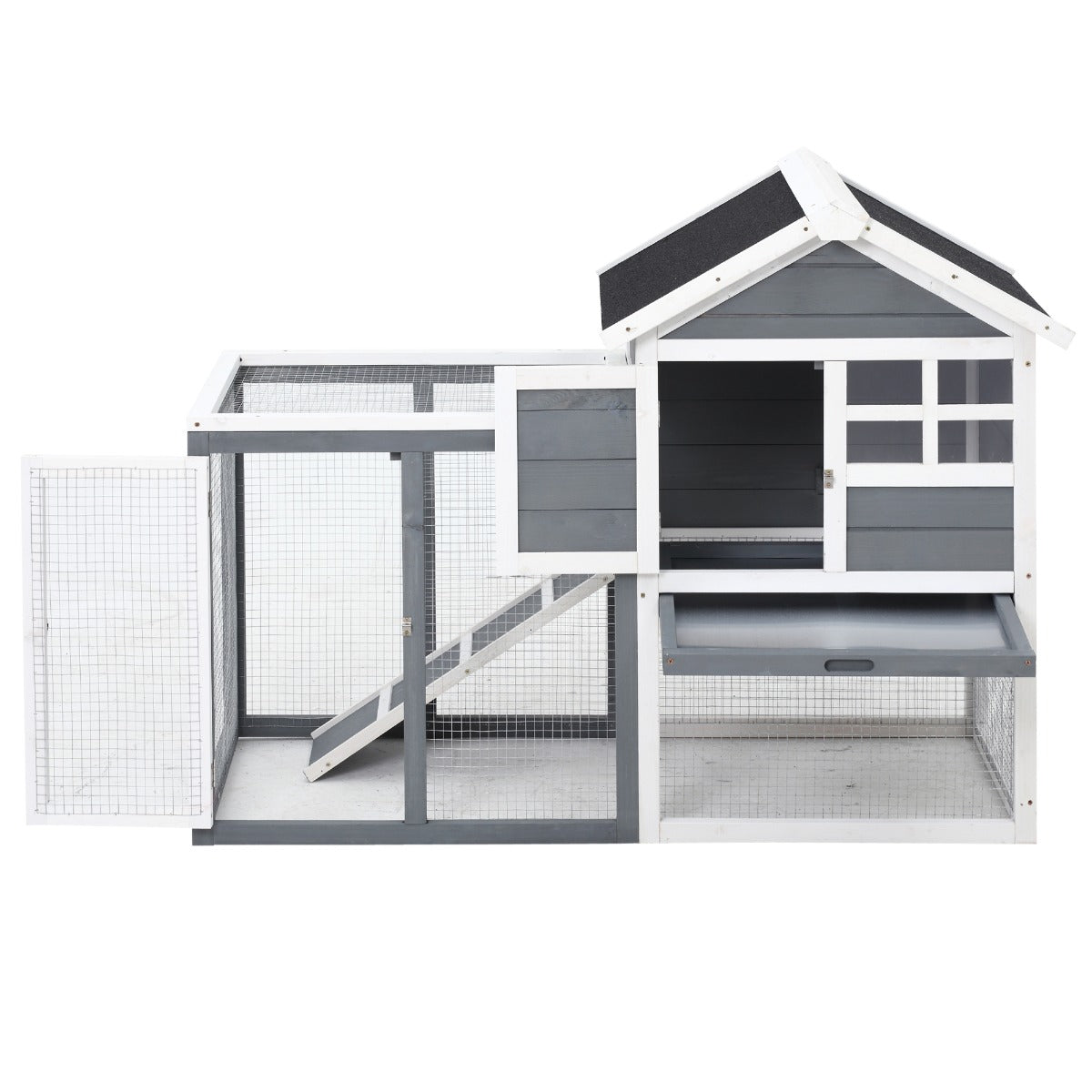 PawHut Indoor Rabbit Enclosure, 48" Weatherproof Wooden Rabbit Hutch, with Slanted Asphalt Roof & Fun Outdoor Run for Bunnies & Ferrets - Gray