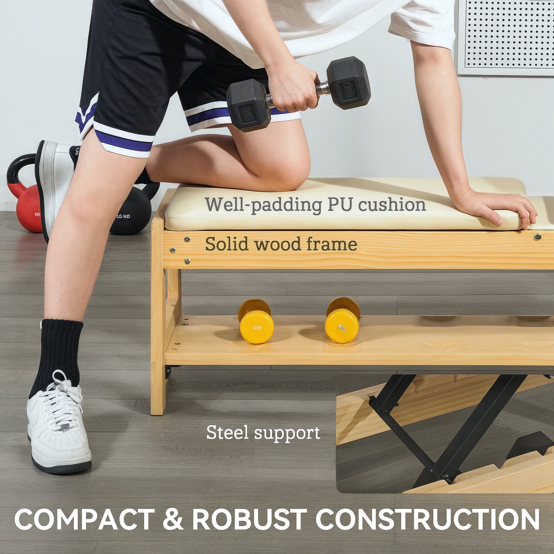 Soozier Wooden Adjustable Weight Bench with Dumbbell Rack, Flat or Incline Workout Bench for Home Gym Weight Lifting, White