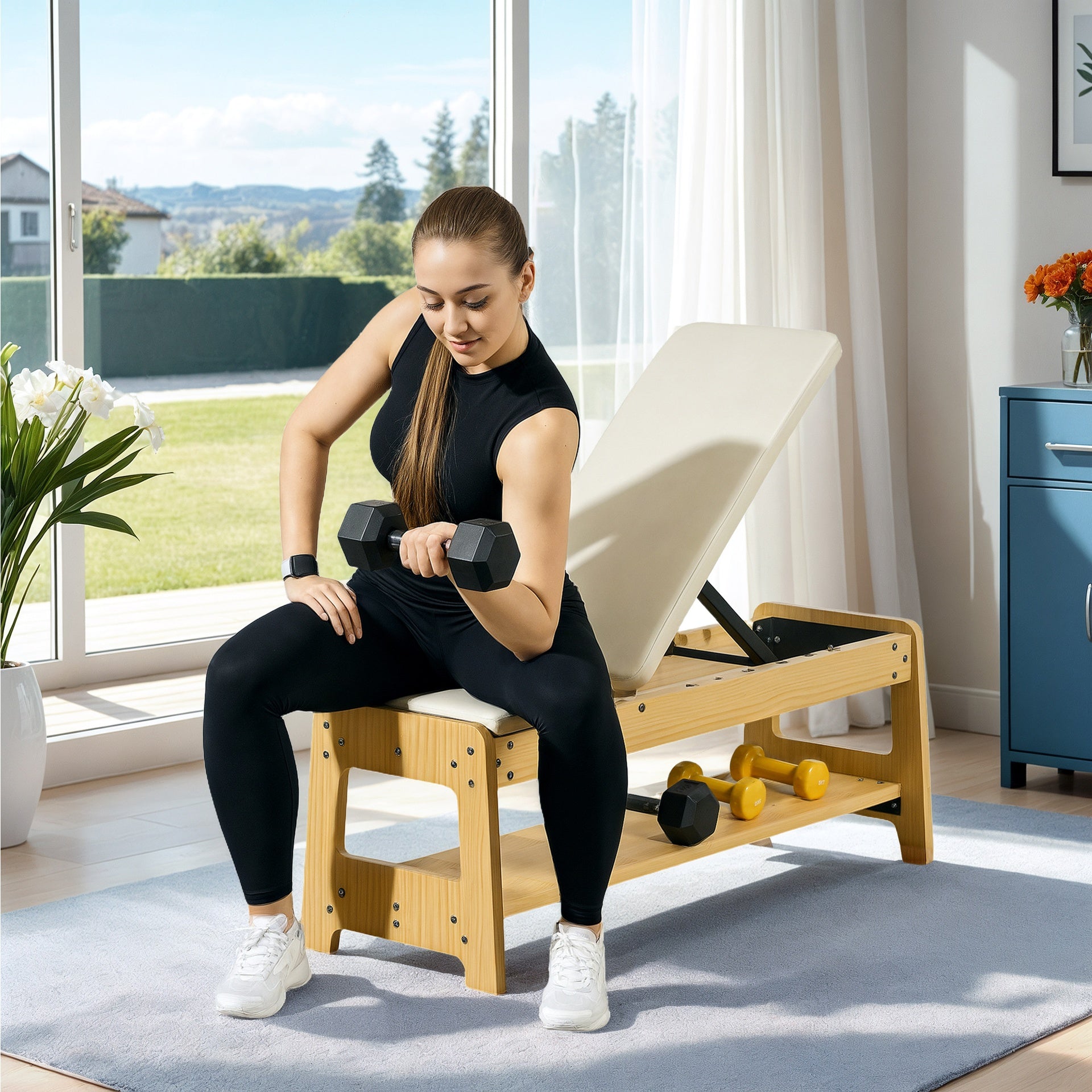 Soozier Wooden Adjustable Weight Bench with Dumbbell Rack, Flat or Incline Workout Bench for Home Gym Weight Lifting, White