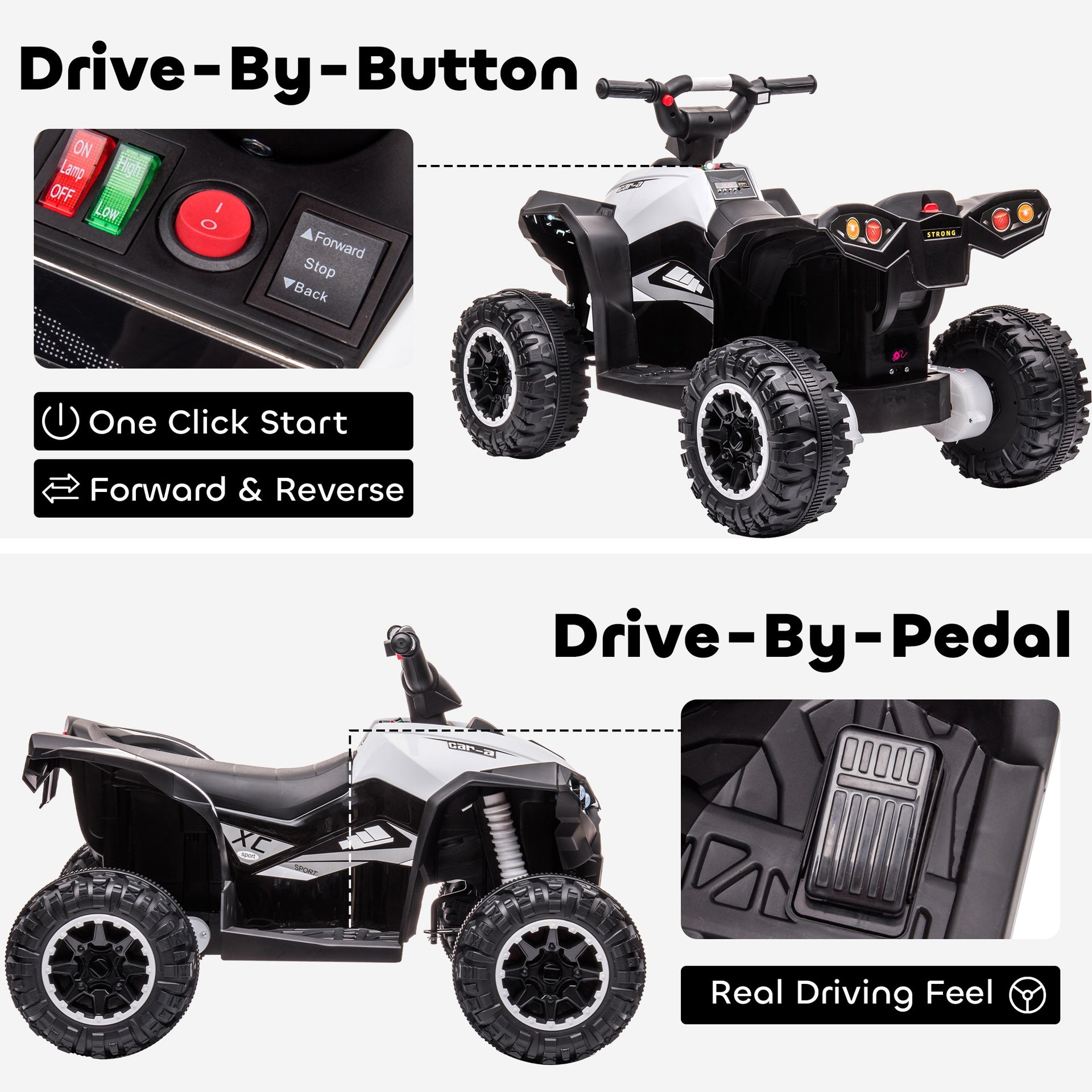 Aosom 12V Kids ATV Quad Car with Forward & Backward Function, Four Wheeler for Kids with Wear-Resistant Wheels, Music, Up to 3.7 MPH, Electric Ride-on ATV for Toddlers Ages 3+ Years Old, White