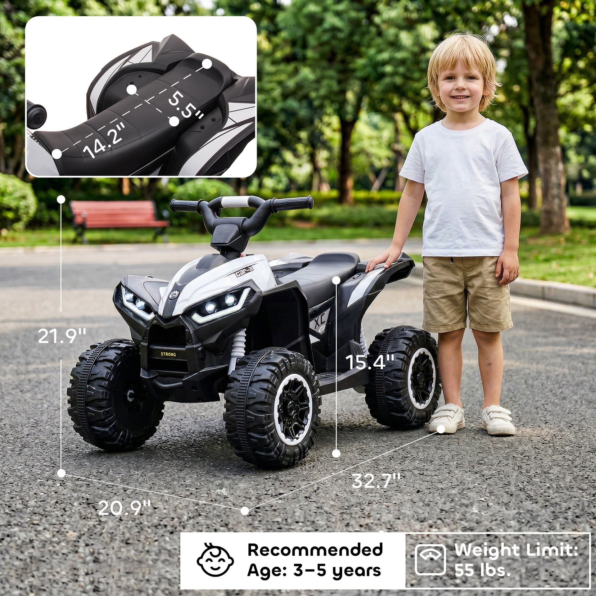 Aosom 12V Kids ATV Quad Car with Forward & Backward Function, Four Wheeler for Kids with Wear-Resistant Wheels, Music, Up to 3.7 MPH, Electric Ride-on ATV for Toddlers Ages 3+ Years Old, White
