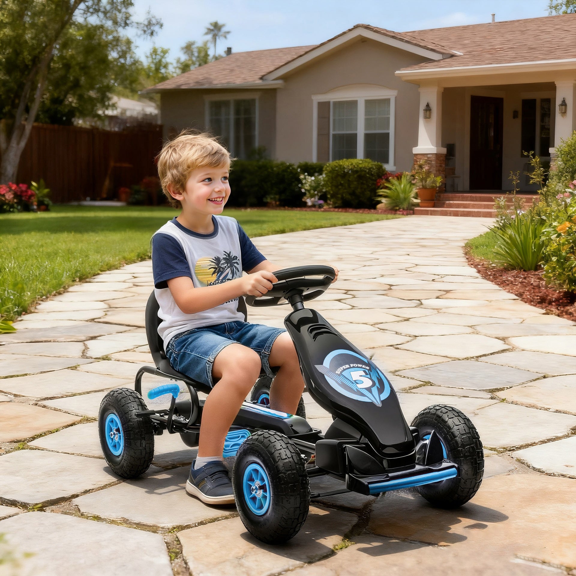 Aosom Kids Pedal Go Kart Ride-on Toy with Ergonomic Comfort, Pedal Car with Tough, Wear-Resistant Tread, Go Cart Kids Car for Boys & Girls with Suspension System, Safety Hand Brake, Ages 5-12, Blue