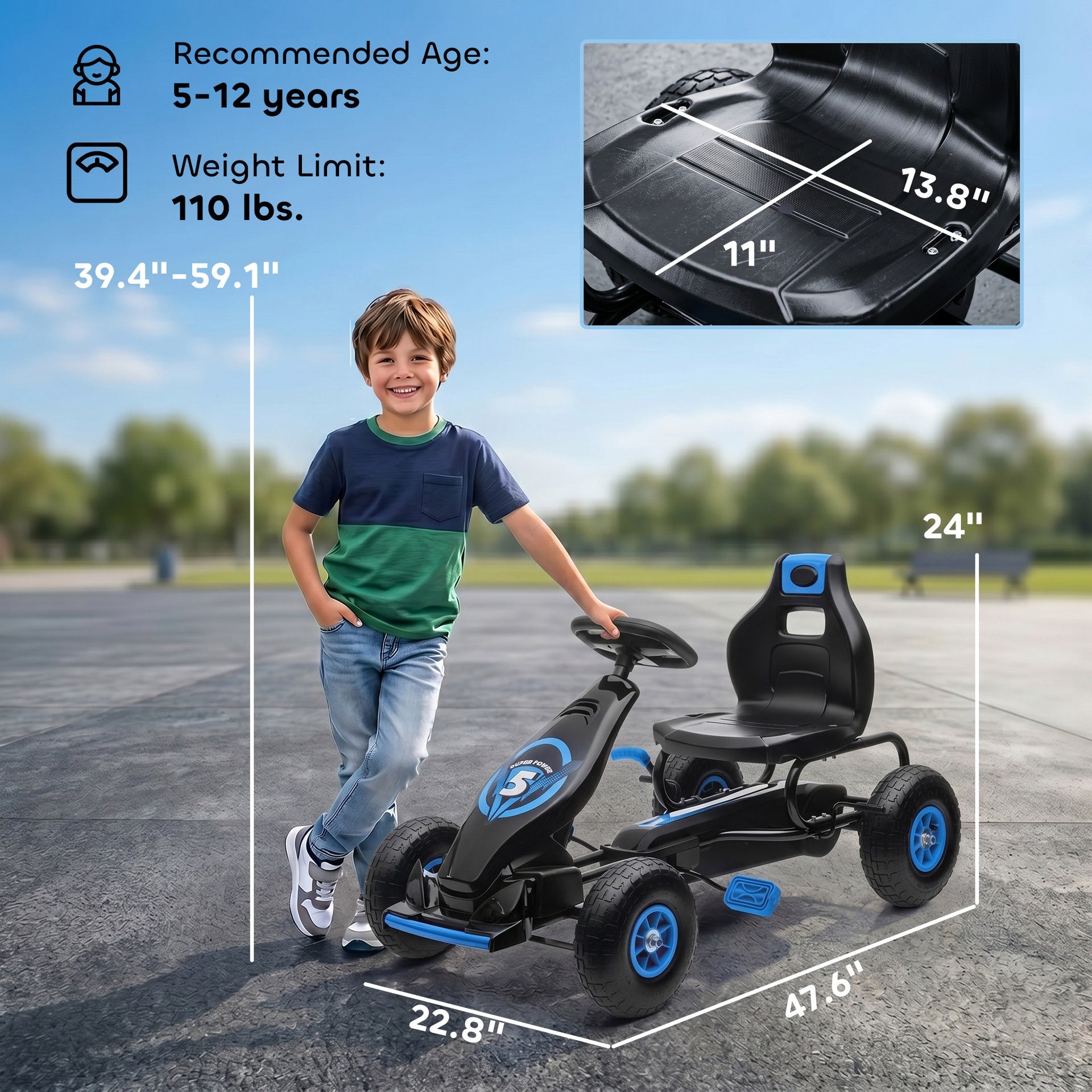 Aosom Kids Pedal Go Kart Ride-on Toy with Ergonomic Comfort, Pedal Car with Tough, Wear-Resistant Tread, Go Cart Kids Car for Boys & Girls with Suspension System, Safety Hand Brake, Ages 5-12, Blue