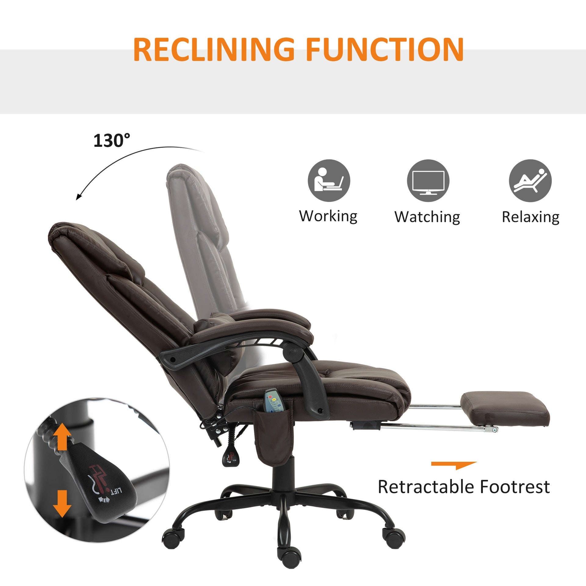 Vinsetto Massage Office Chair with 6 Vibrating Points, High Back Reclining Office Chair with Footrest and Remote, Brown