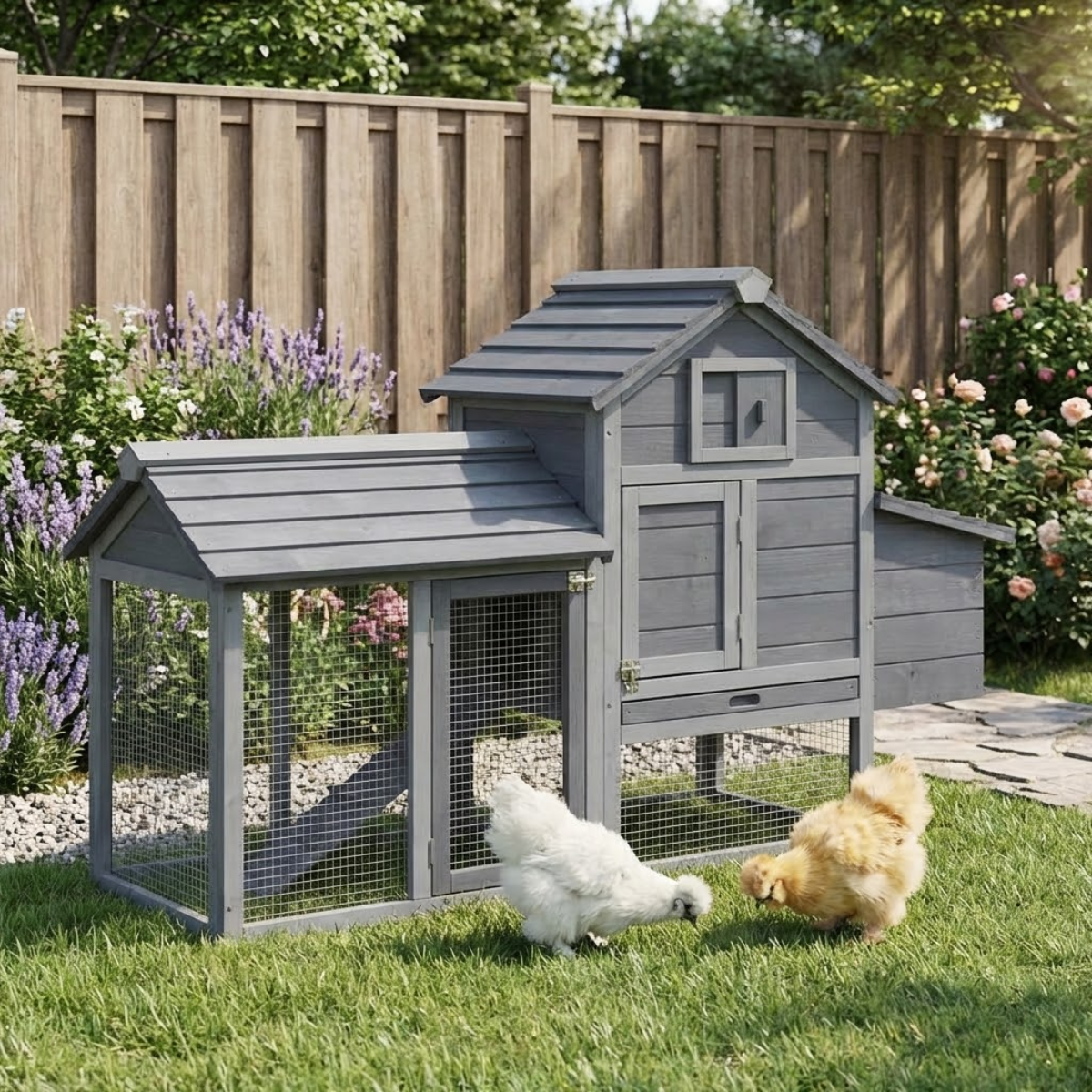 PawHut 59" Small Wooden Chicken coop Hen House Poultry Cage for Outdoor Backyard with 2 Doors, Nesting Box and Removable Tray, Gray