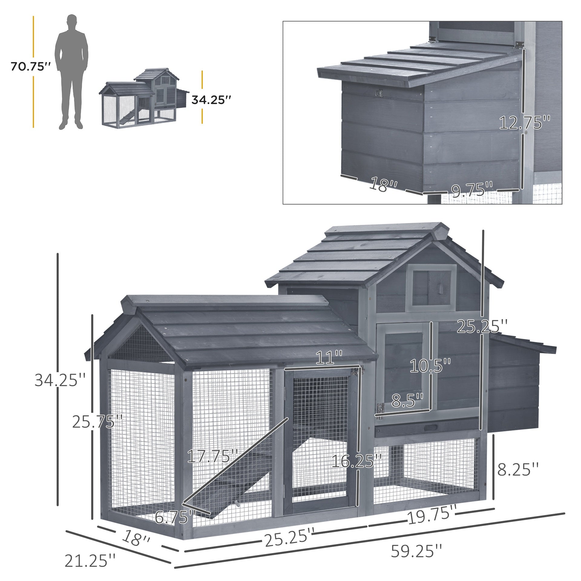 PawHut 59" Small Wooden Chicken coop Hen House Poultry Cage for Outdoor Backyard with 2 Doors, Nesting Box and Removable Tray, Gray