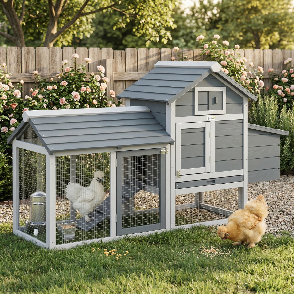 PawHut 59" Small Wooden Chicken coop Hen House Poultry Cage for Outdoor Backyard with 2 Doors, Nesting Box and Removable Tray, Gray