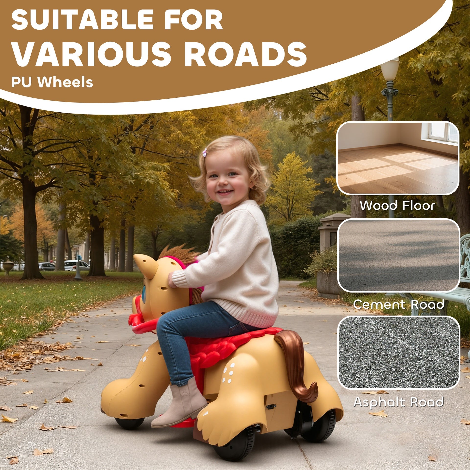 Qaba Ride On Horse Toy, 12V Battery Powered Ride on Toy with Carrot Toy, Comb and Sound, Electric Rocking Horse for Toddlers