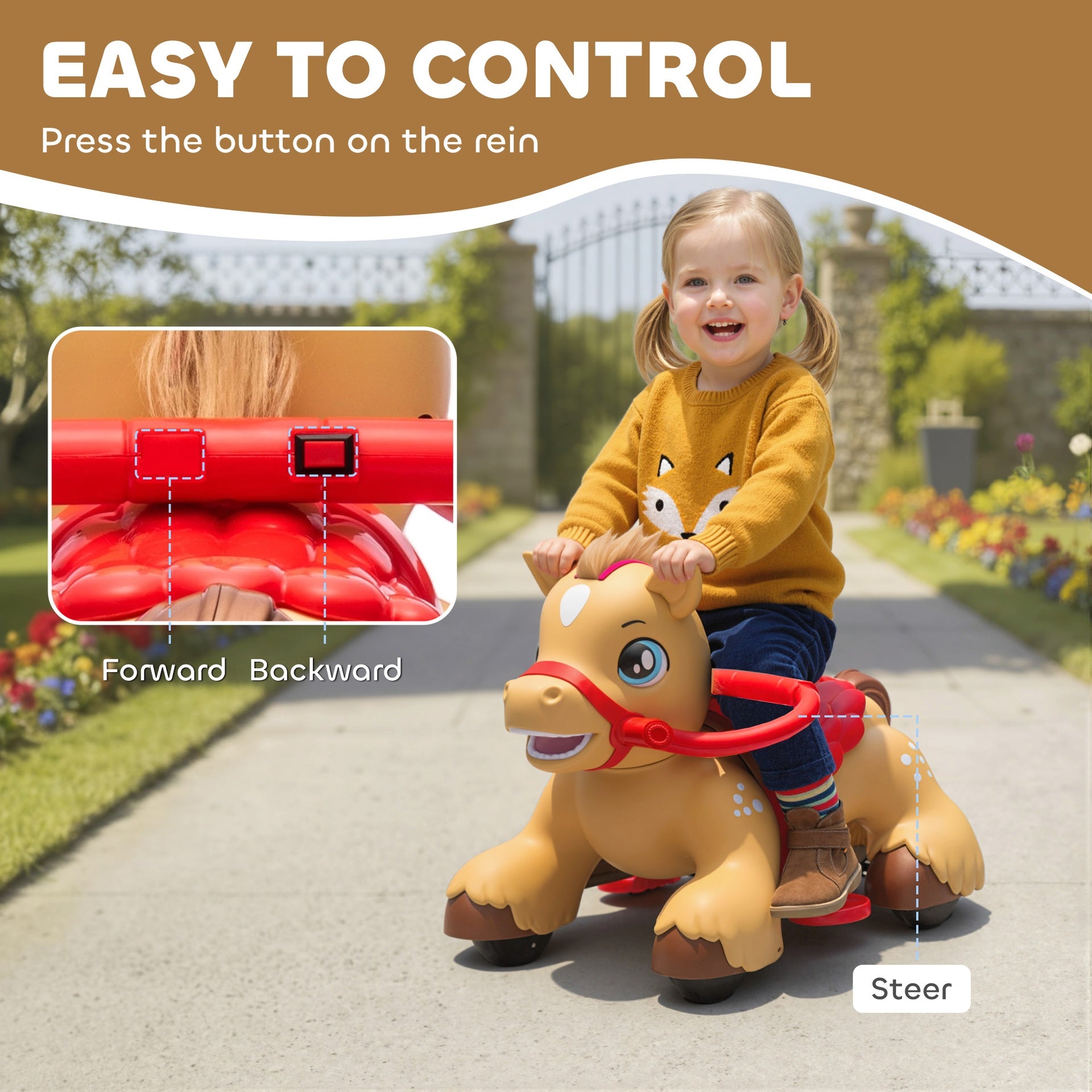 Qaba Ride On Horse Toy, 12V Battery Powered Ride on Toy with Carrot Toy, Comb and Sound, Electric Rocking Horse for Toddlers