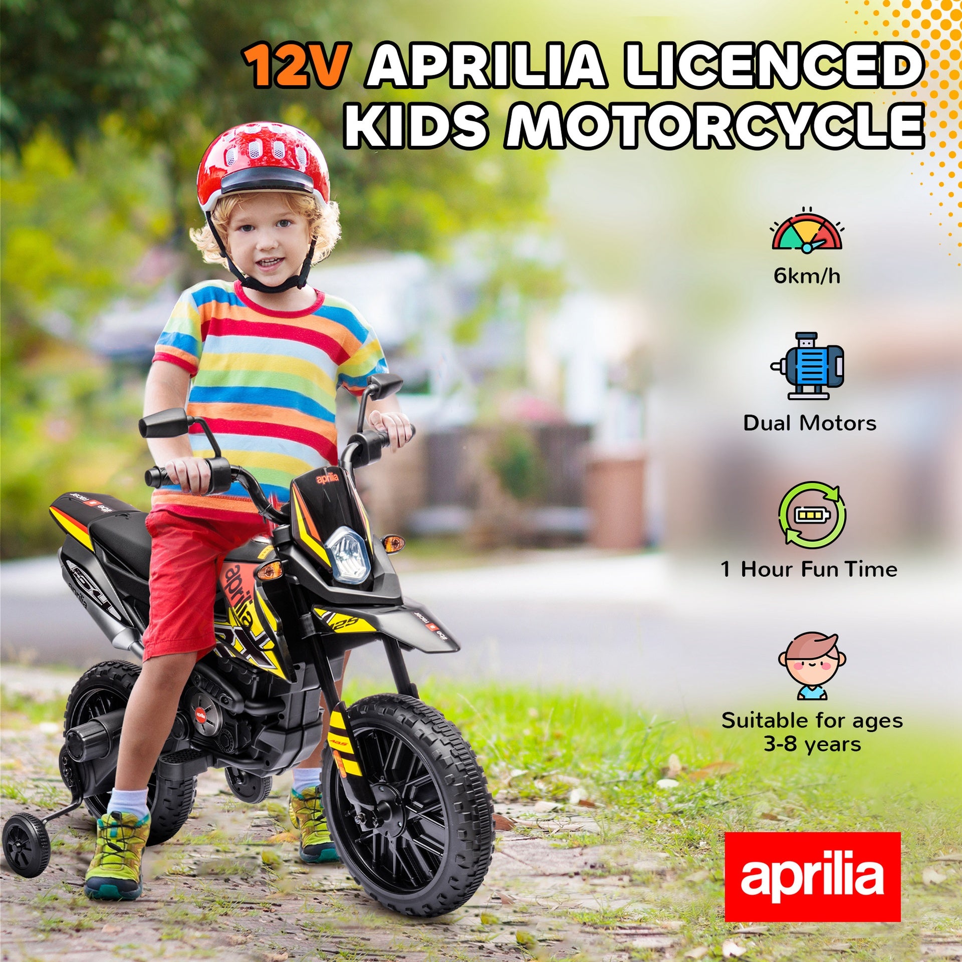 Qaba 12V Aprilia Licenced Kids Motorcycle with Training Wheels, Spring Suspension, LED Light, USB, Music, Yellow