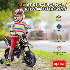 Qaba 12V Aprilia Licenced Kids Motorcycle with Training Wheels, Spring Suspension, LED Light, USB, Music, Yellow