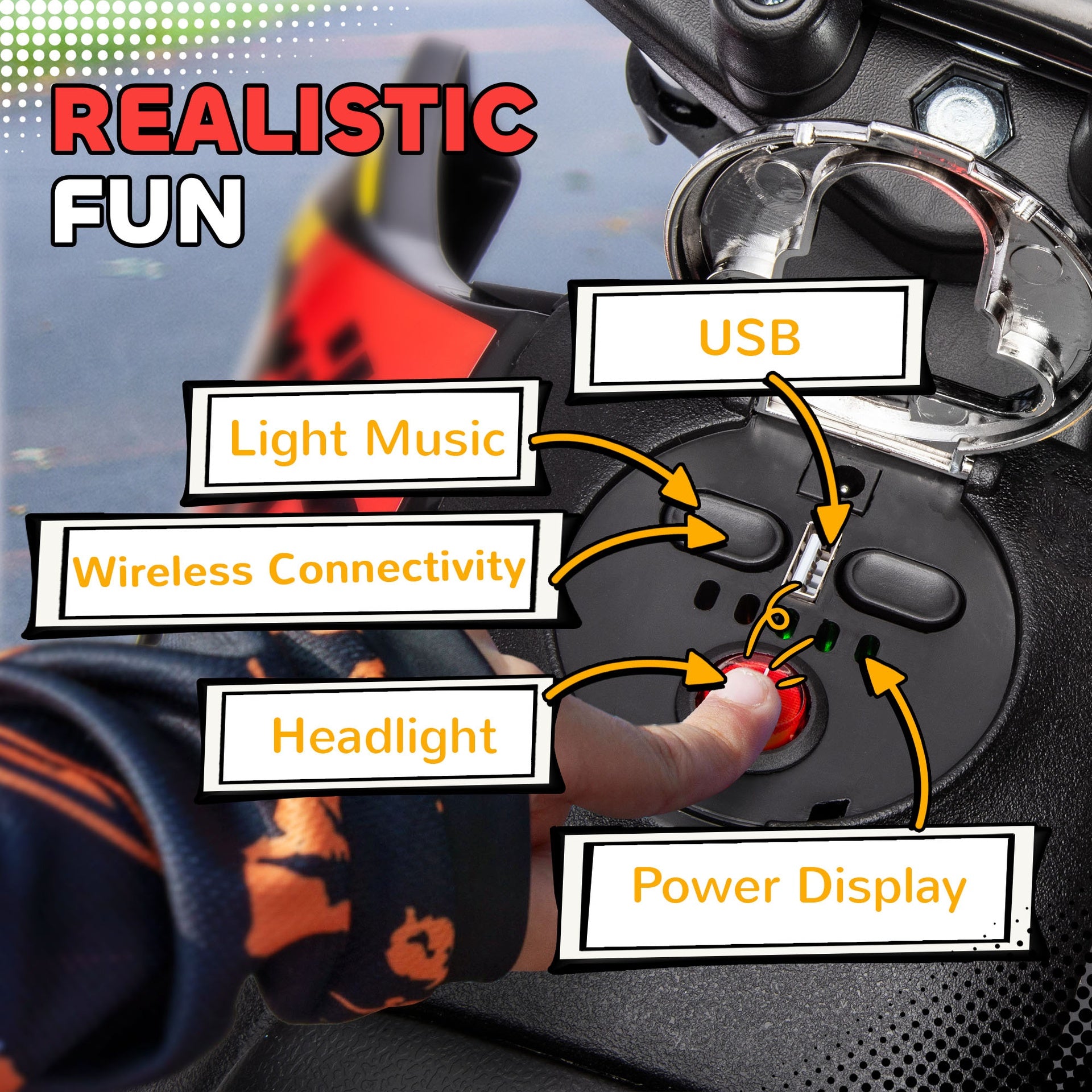Qaba 12V Aprilia Licenced Kids Motorcycle with Training Wheels, Spring Suspension, LED Light, USB, Music, Yellow