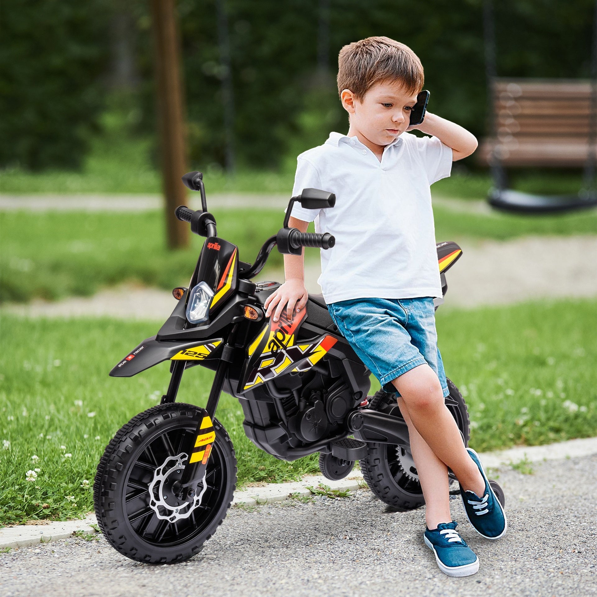 Qaba 12V Aprilia Licenced Kids Motorcycle with Training Wheels, Spring Suspension, LED Light, USB, Music, Yellow