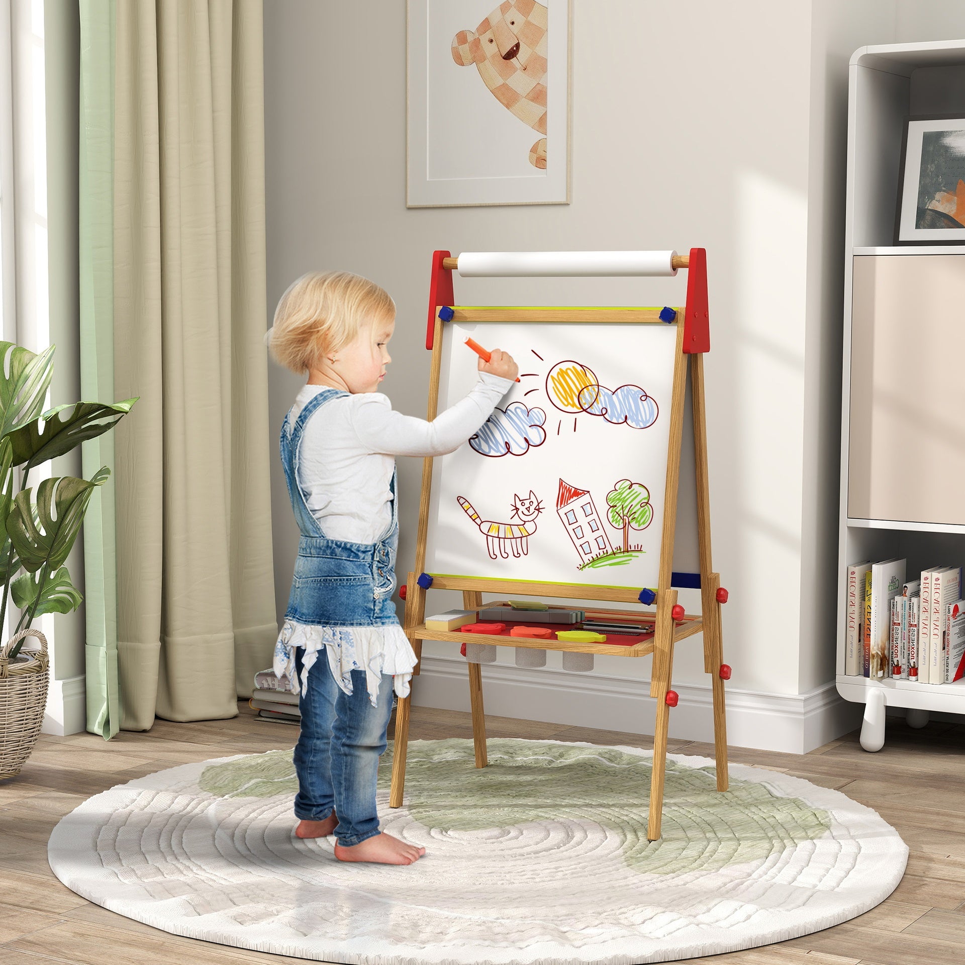 Qaba 3 in 1 Easel for Kids with Paper Roll, Whiteboard, Chalkboard, Double Sided & Adjustable Height, Nature Wood