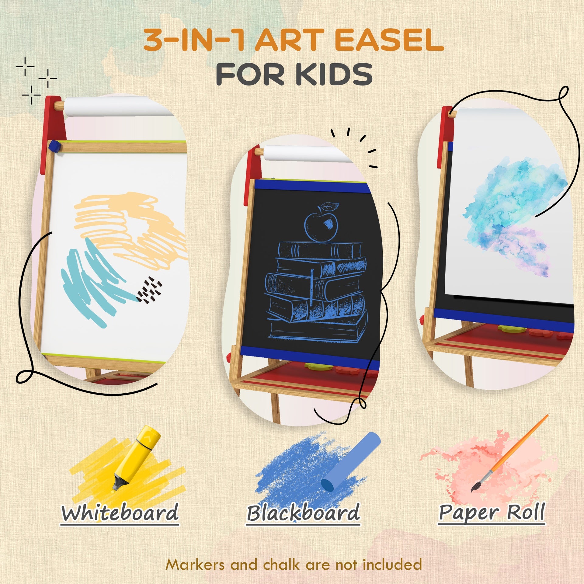 Qaba 3 in 1 Easel for Kids with Paper Roll, Whiteboard, Chalkboard, Double Sided & Adjustable Height, Nature Wood