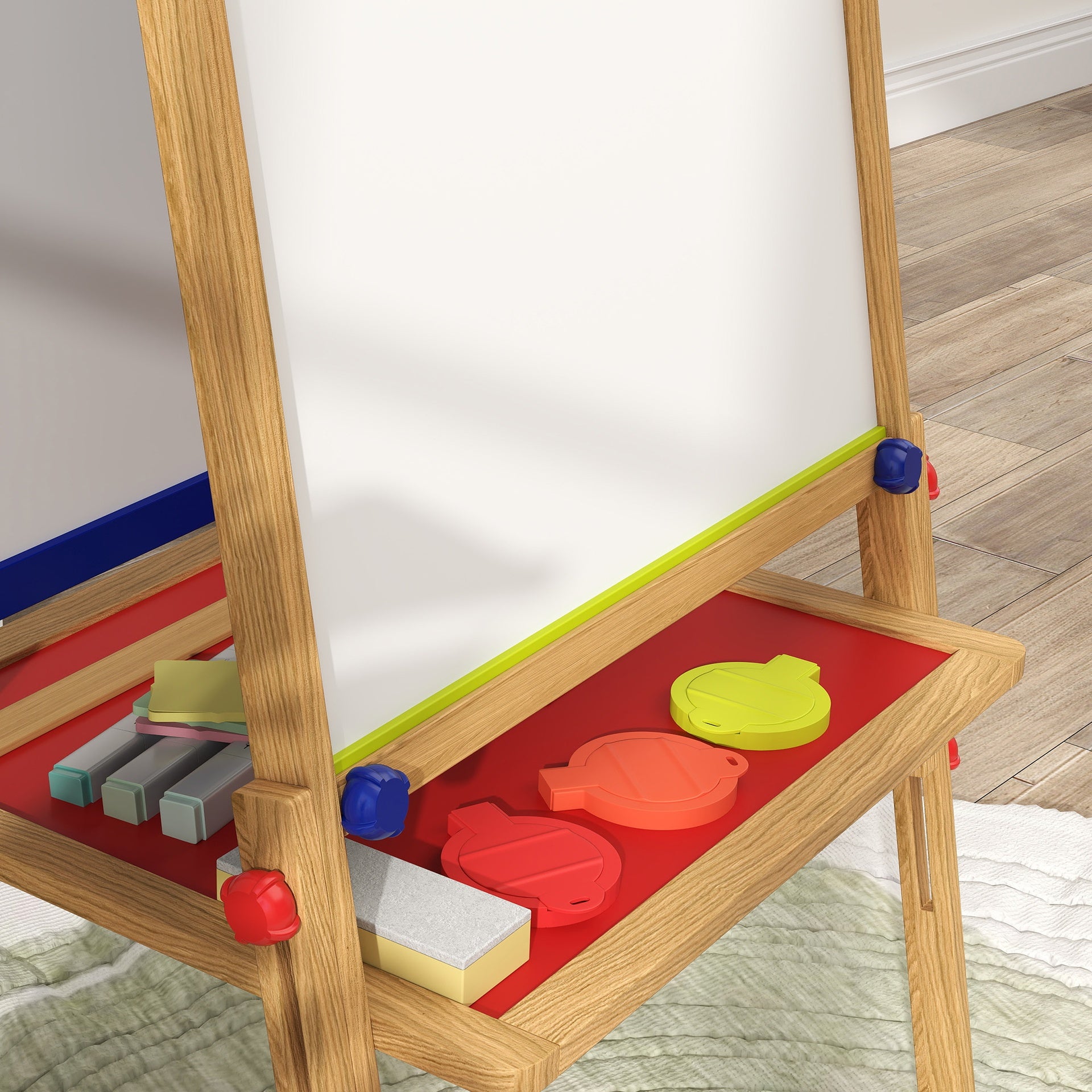 Qaba 3 in 1 Easel for Kids with Paper Roll, Whiteboard, Chalkboard, Double Sided & Adjustable Height, Nature Wood